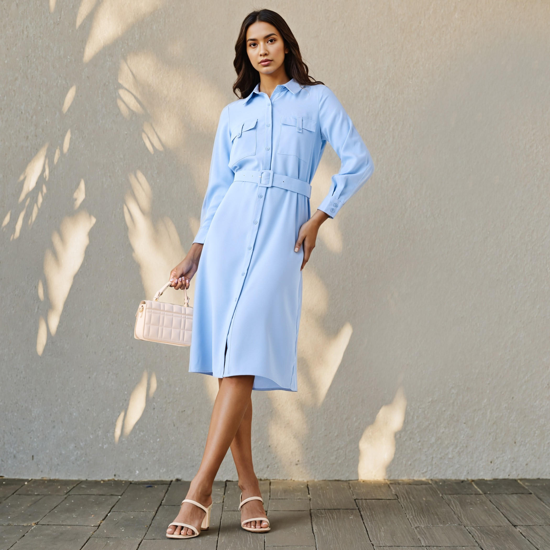 Shirt Dress with Tie-Up Belt and Chest Pockets-women-clothing-dresses-image-1