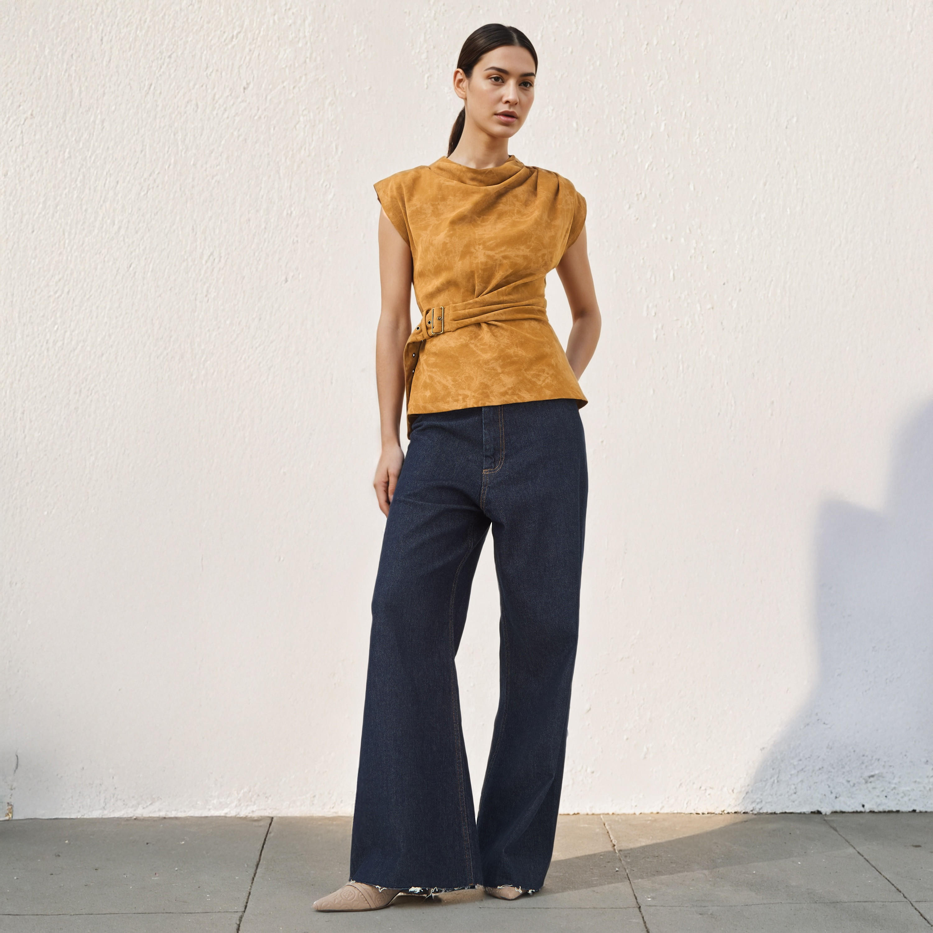 Printed Draped Top with Buckle Accent-women-clothing-shirtsandblouses-blouses-image-2