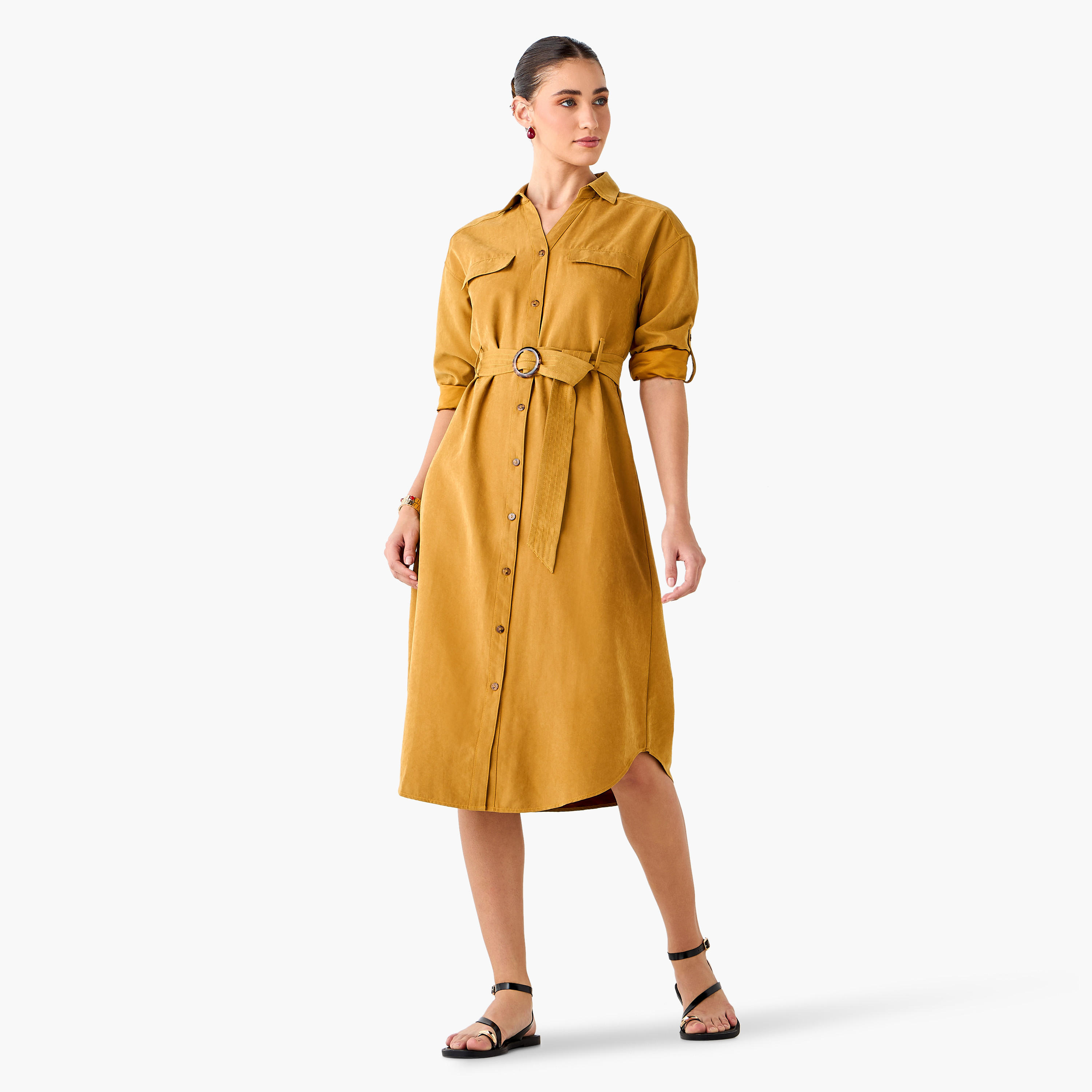 Belted Button Down Shirt Dress-women-clothing-dresses-image-1