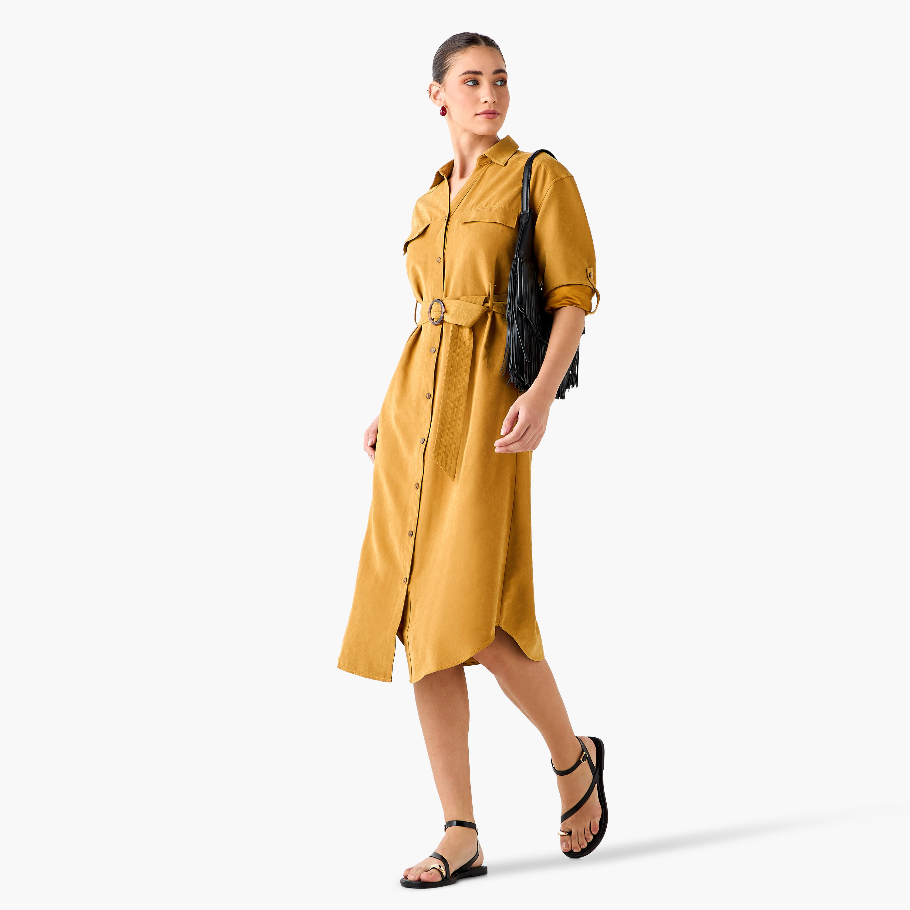 Belted Button Down Shirt Dress-women-clothing-dresses-image-2