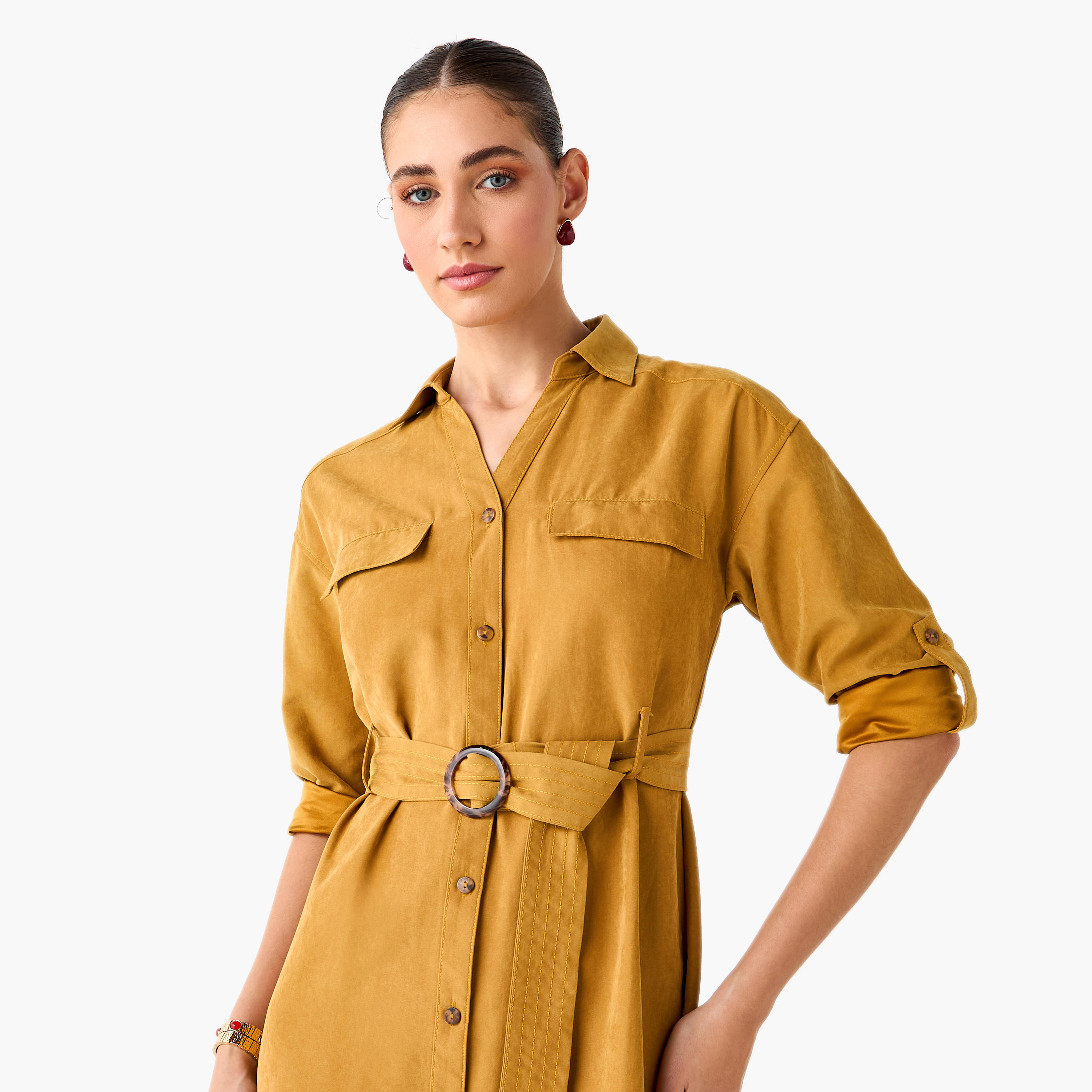 Belted Button Down Shirt Dress-women-clothing-dresses-image-4