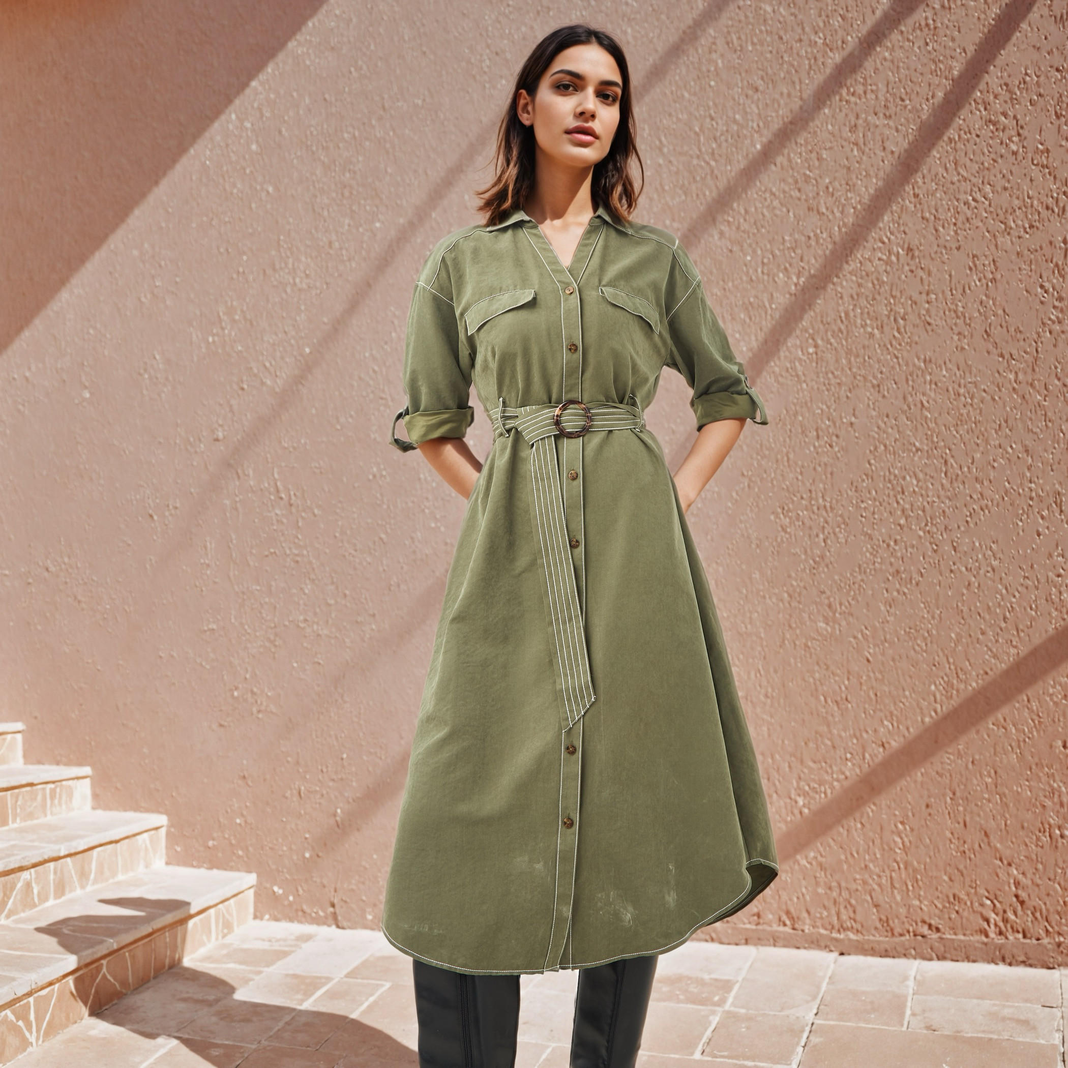 فستان قميص بأزرار إغلاق وحزام-women-clothing-dresses-image-1