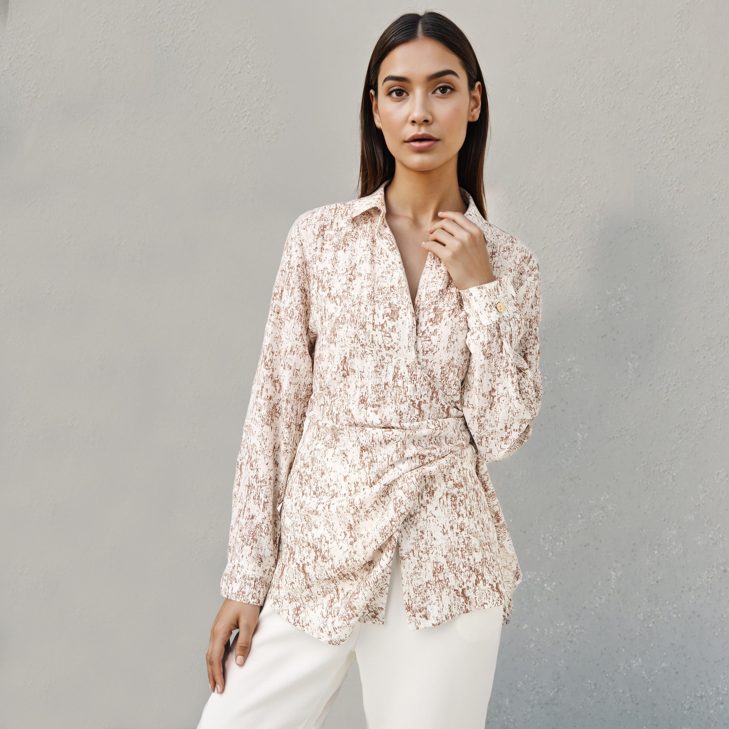 Relaxed Fit Printed Collared Wrap Linen Blend Top-women-clothing-shirtsandblouses-blouses-image-1