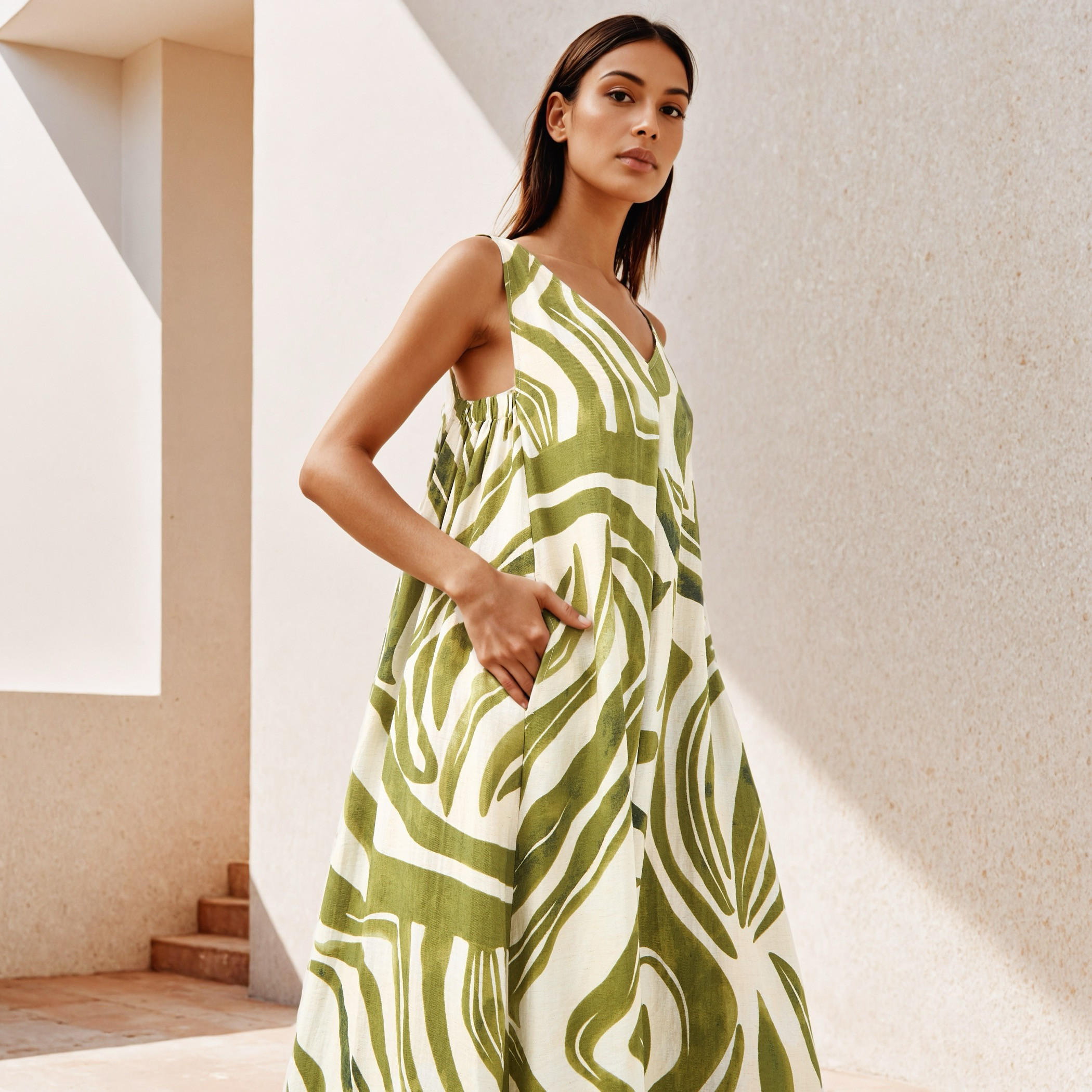 Printed A-line Sleeveless Linen Blend Maxi Dress-women-clothing-dresses-image-2