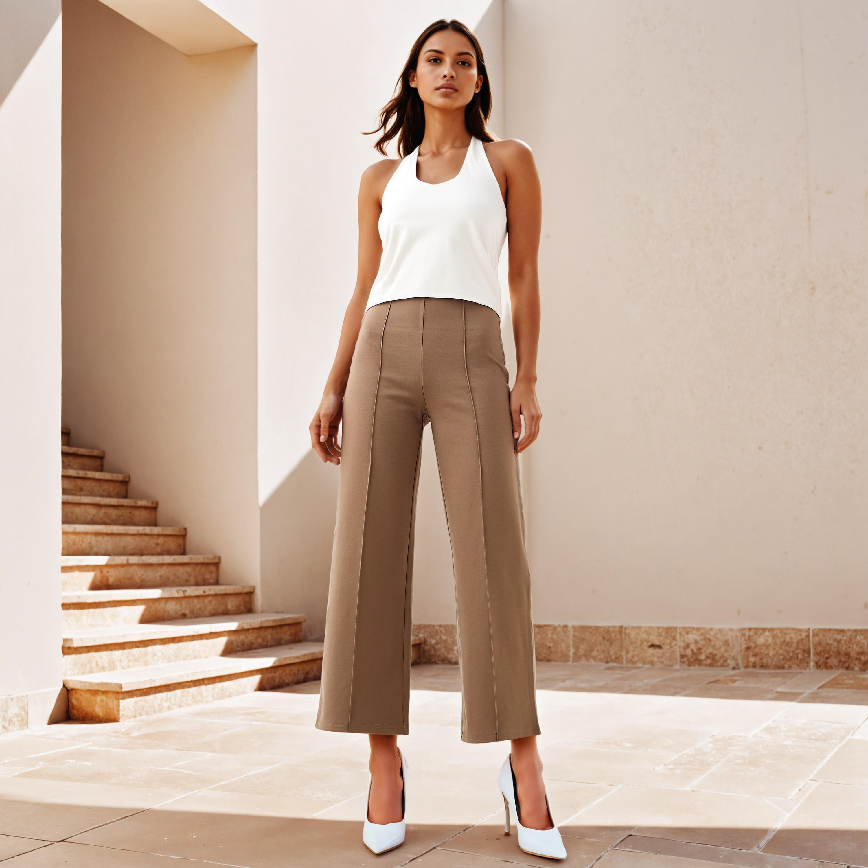 بنطلون واسع الساقين بتفاصيل بينتوك وخصر مطاطي -women-clothing-bottoms-trousers-image-4