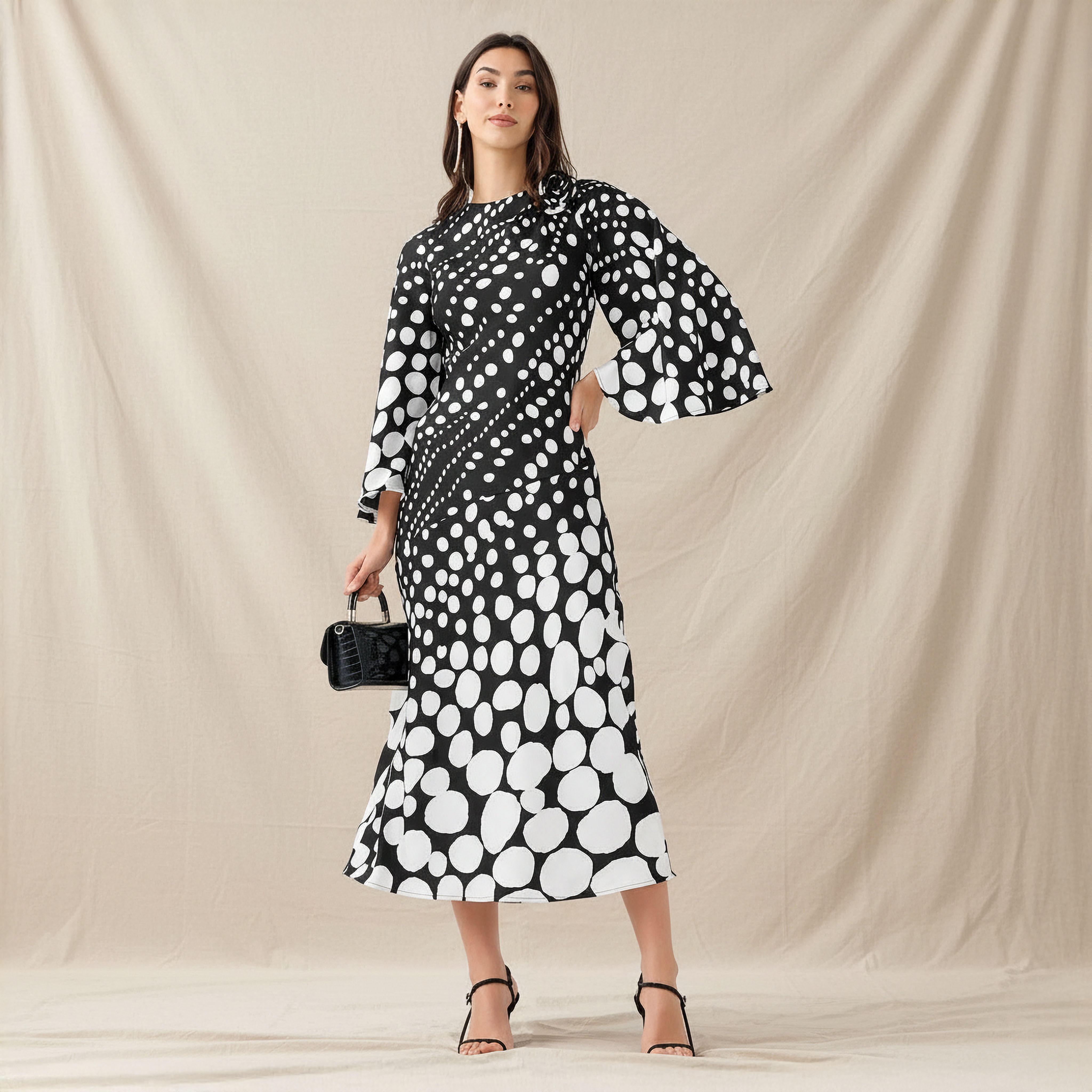 فستان إيه لاين منقط بتفاصيل باقة للنساء-women-clothing-dresses-image-1