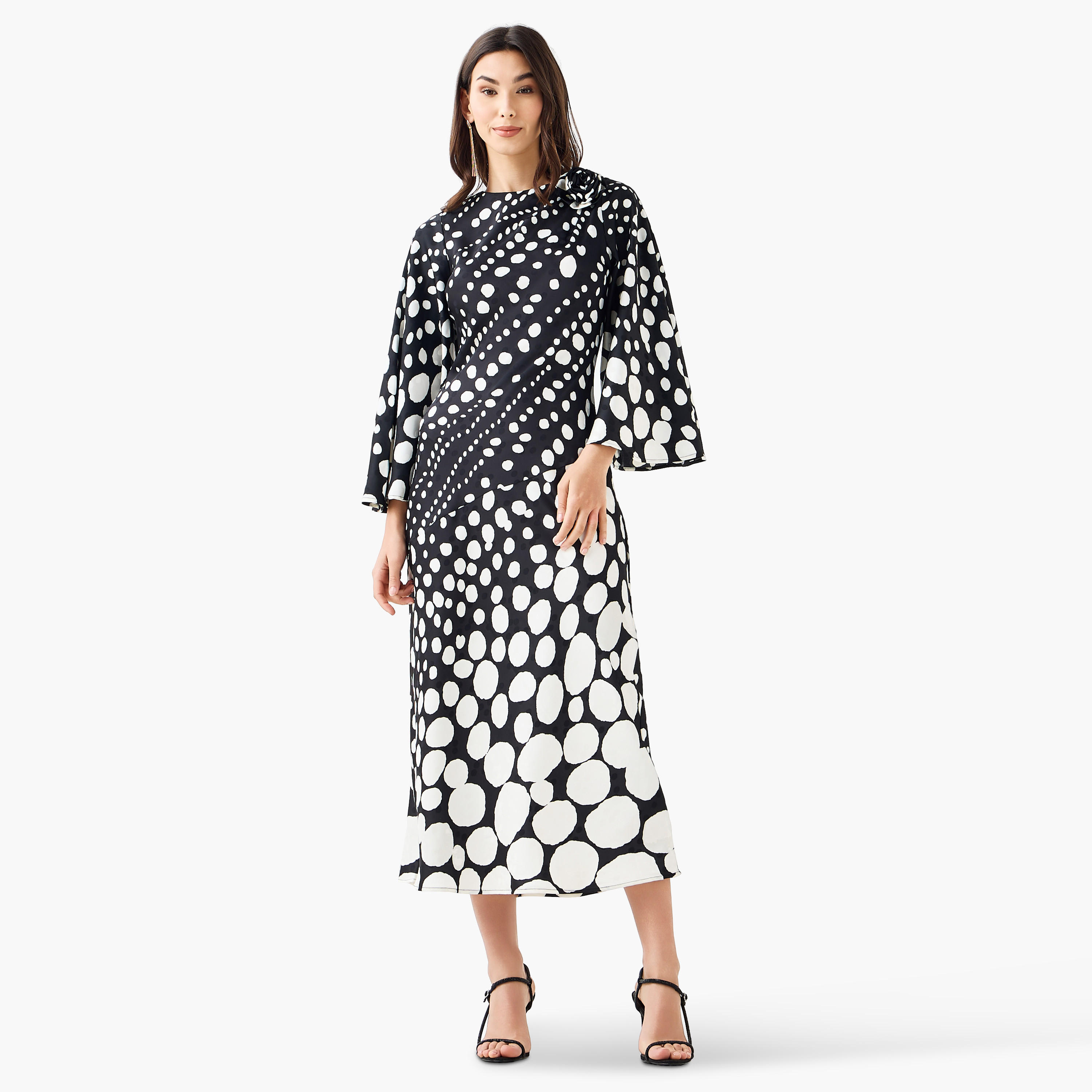 فستان إيه لاين منقط بتفاصيل باقة للنساء-women-clothing-dresses-image-2
