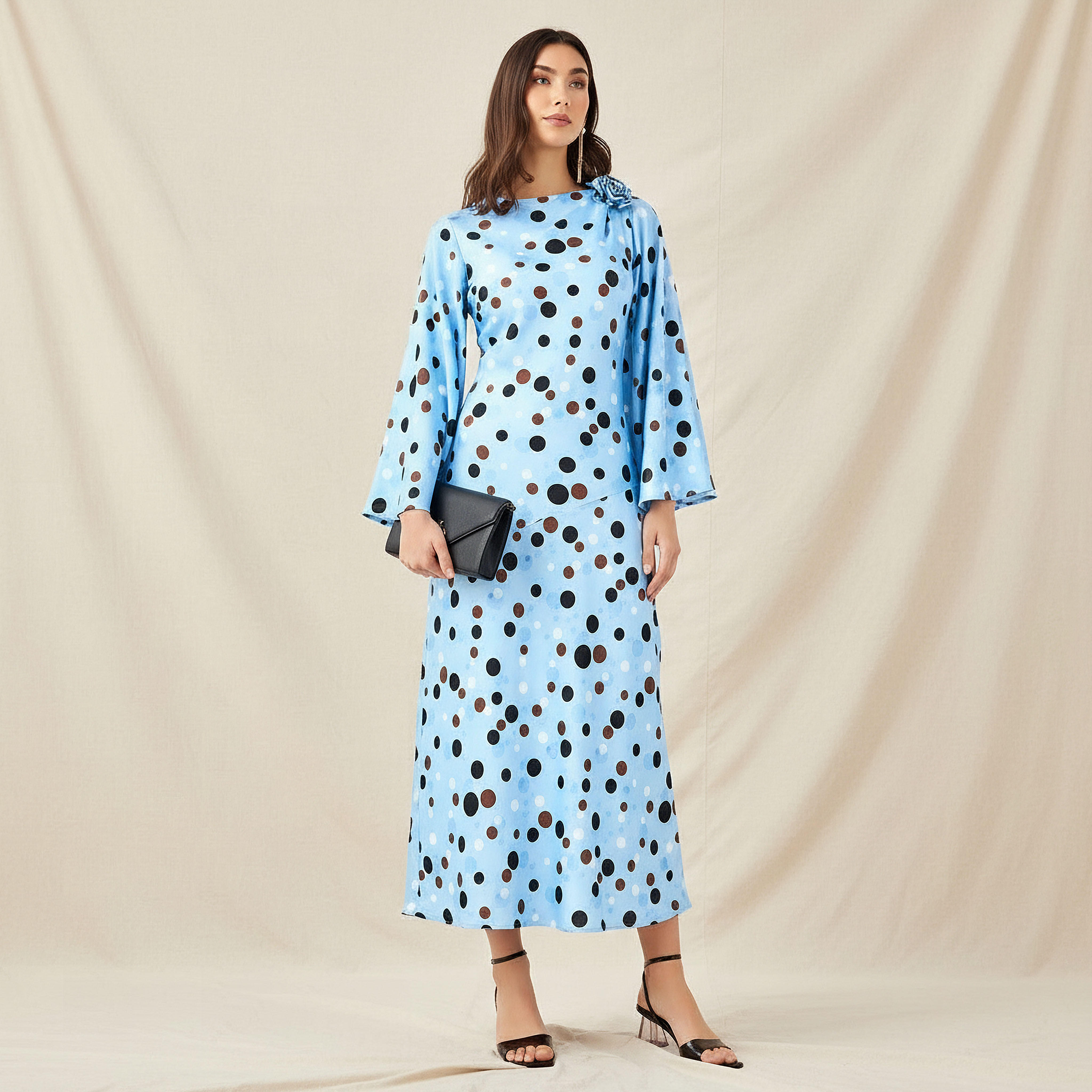 فستان إيه لاين منقط بتفاصيل باقة للنساء-women-clothing-dresses-image-1