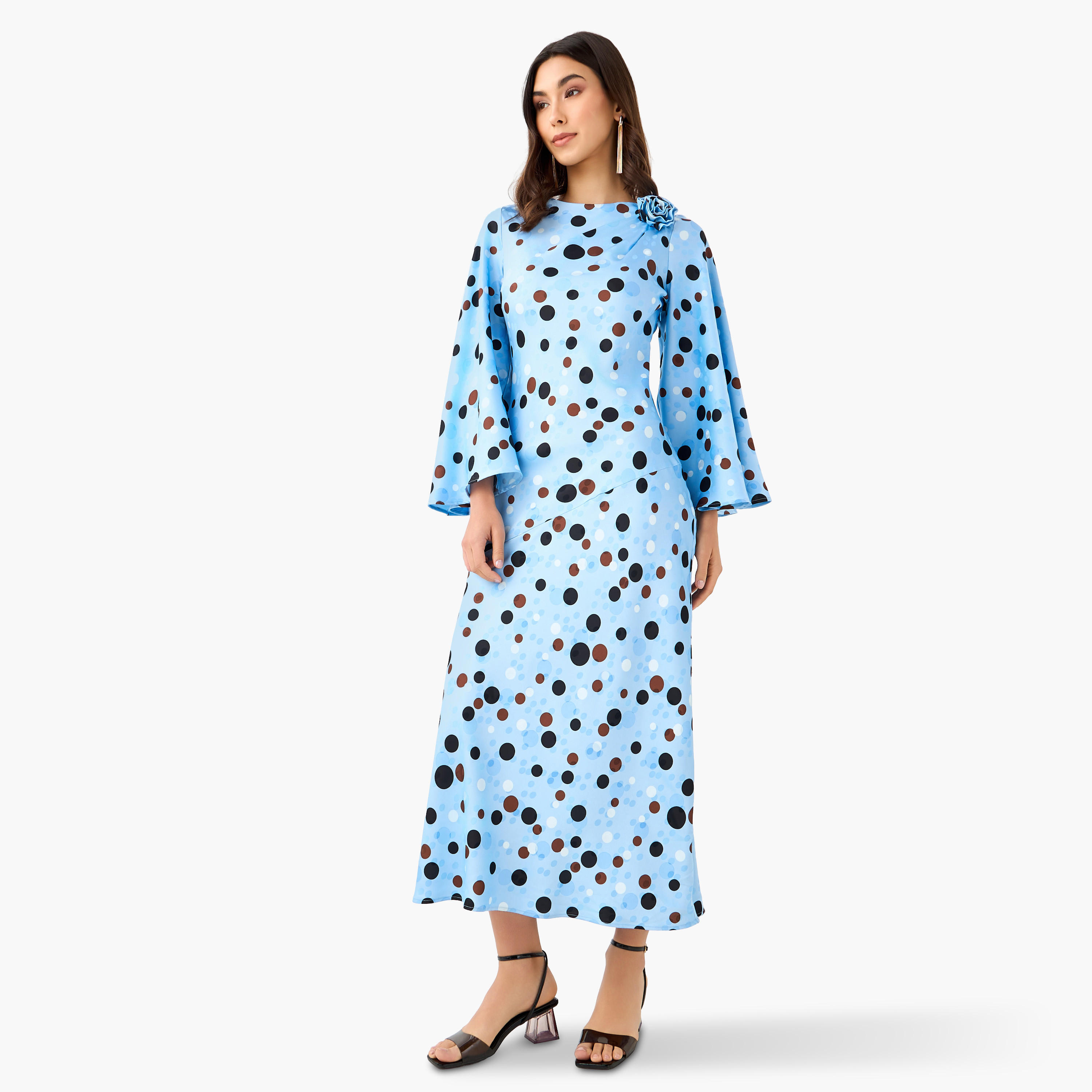 فستان إيه لاين منقط بتفاصيل باقة للنساء-women-clothing-dresses-image-2