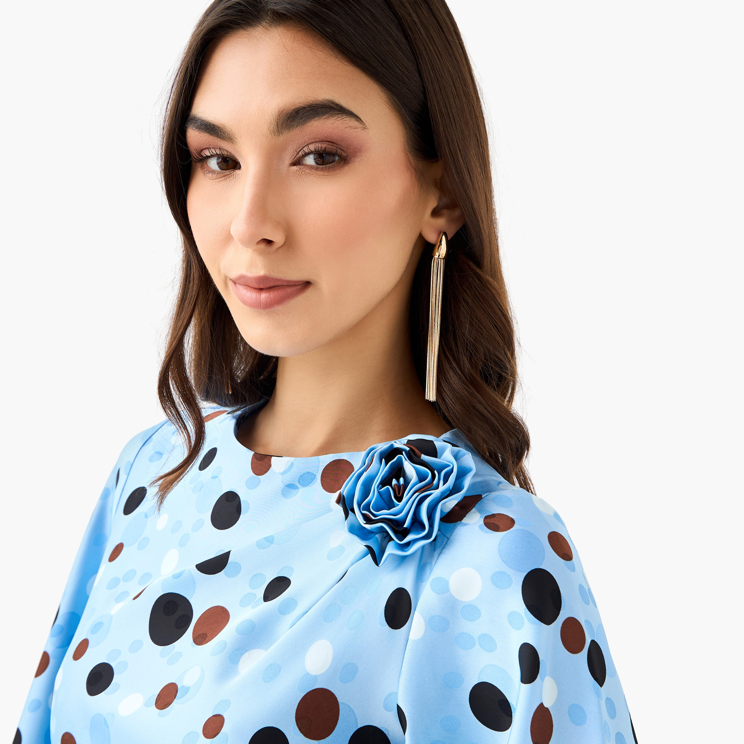 فستان إيه لاين منقط بتفاصيل باقة للنساء-women-clothing-dresses-image-5