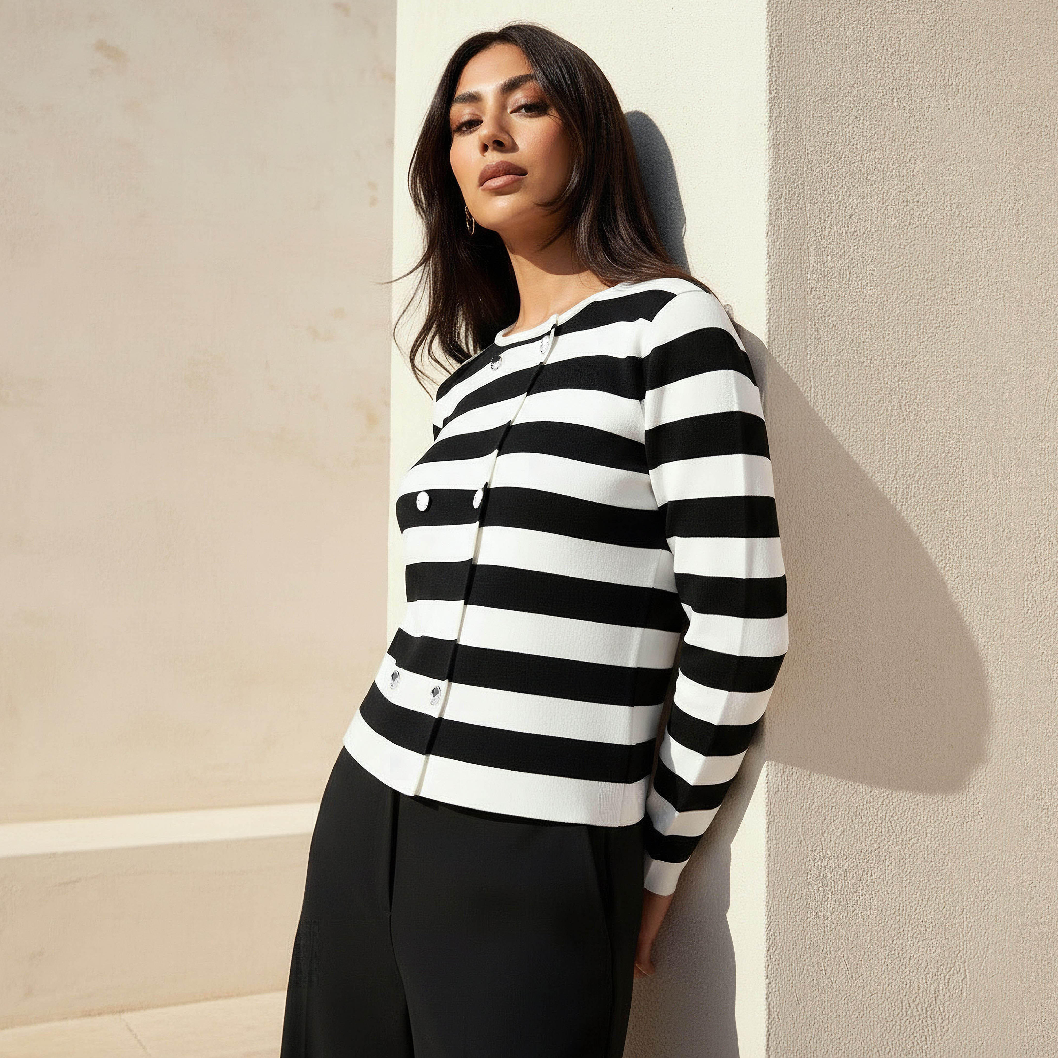 Regular Fit Striped Round Neck Cardigan-women-winterwear-cardigansandjumpers-cardigans-image-1