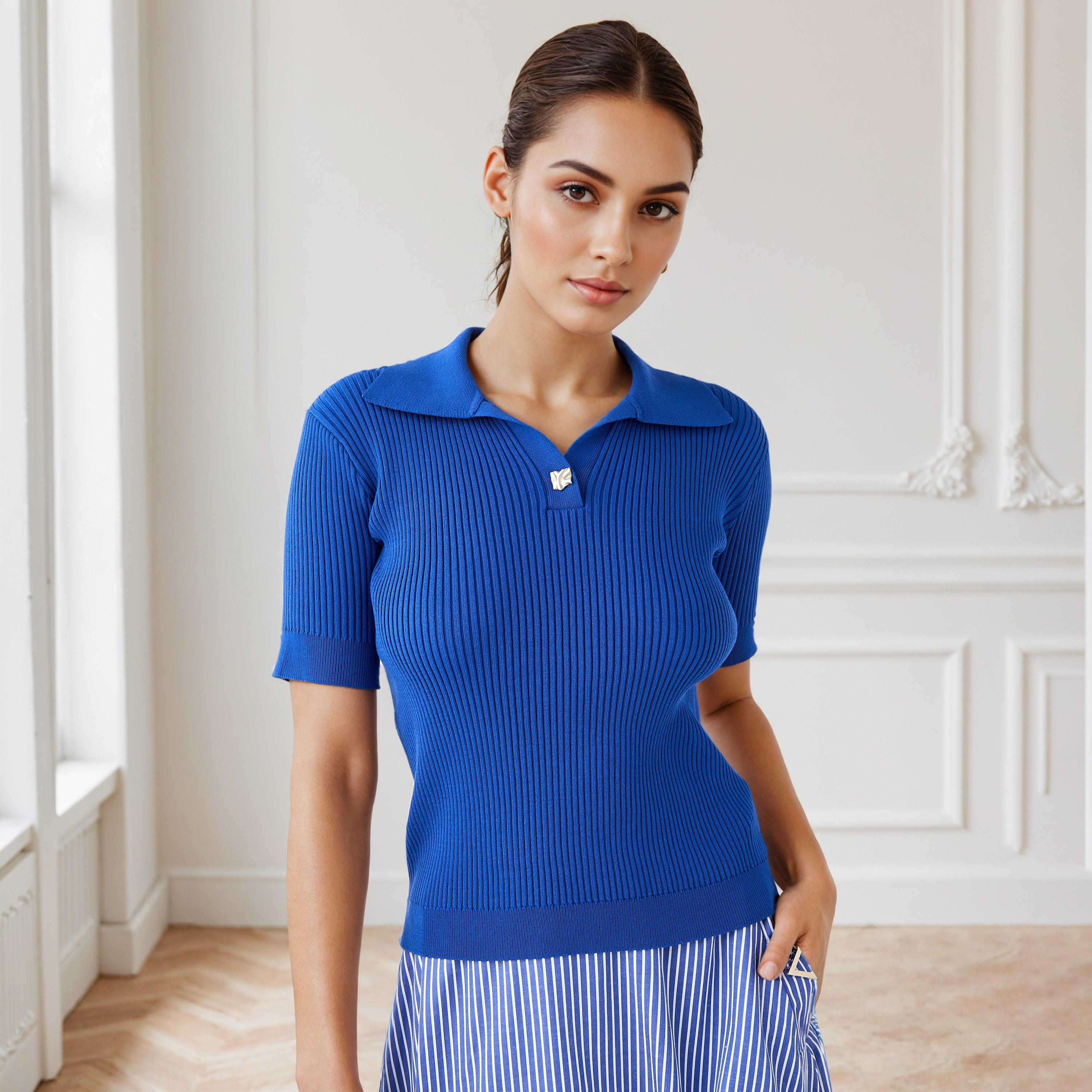 Ribbed Collared Polo T-shirt-women-clothing-tshirts-image-1