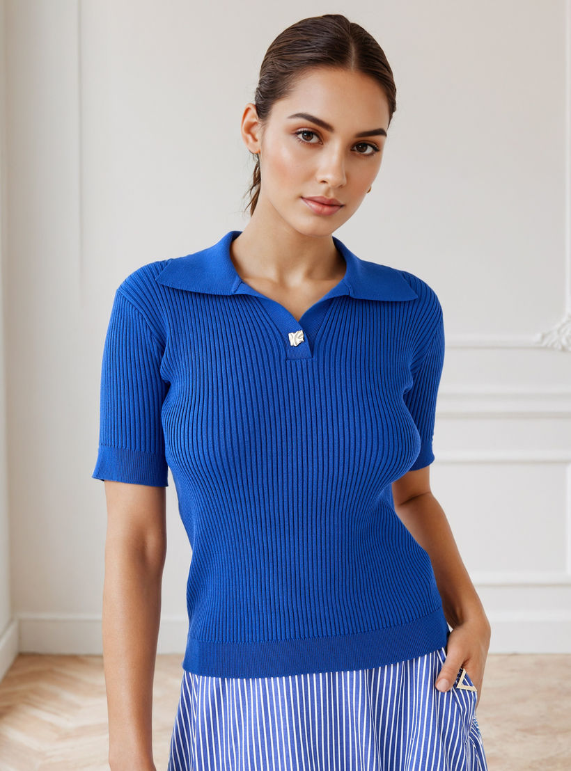 Ribbed Collared Polo T-shirt-women-clothing-tshirts-image-1