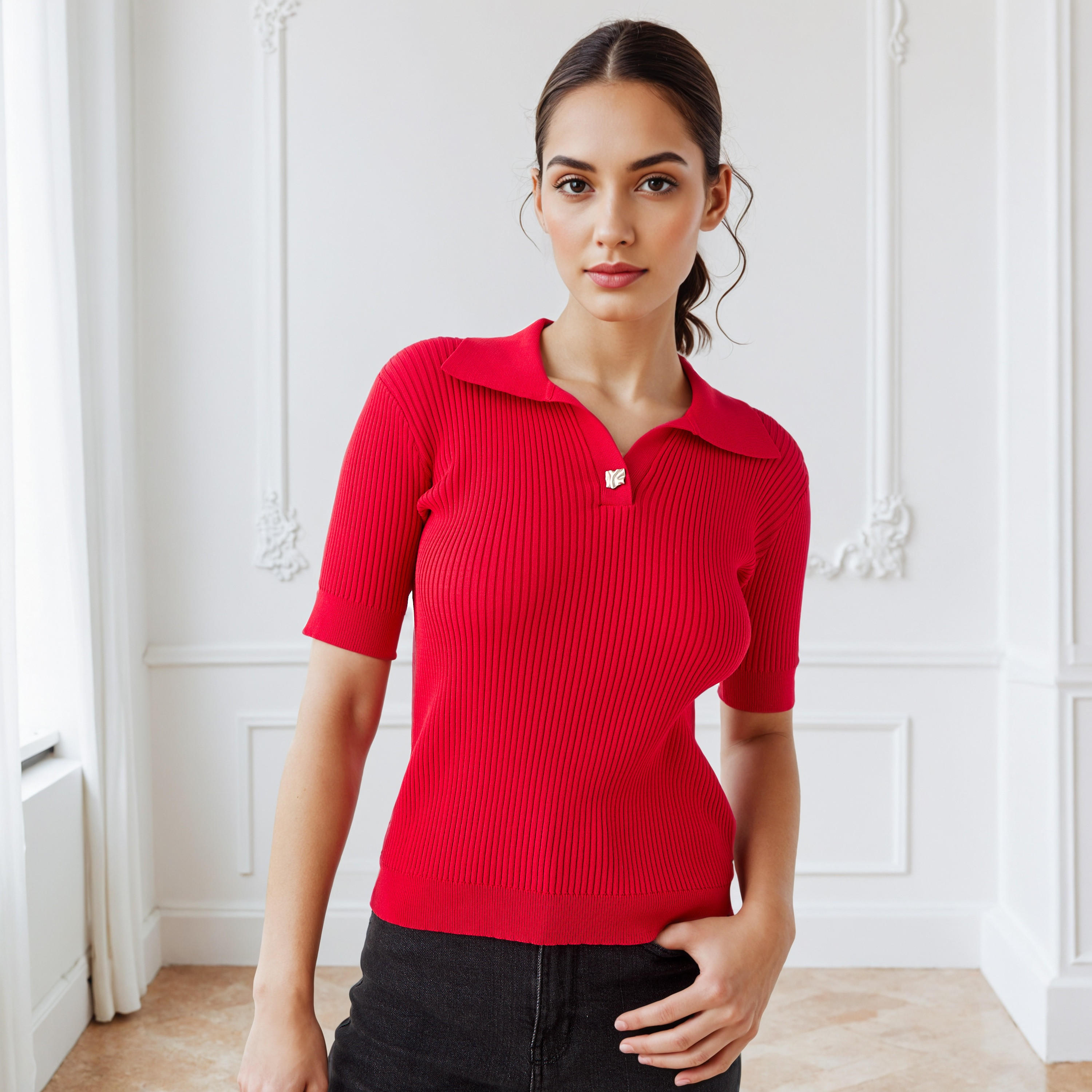 Ribbed Collared Polo T-shirt-women-clothing-tshirts-image-1