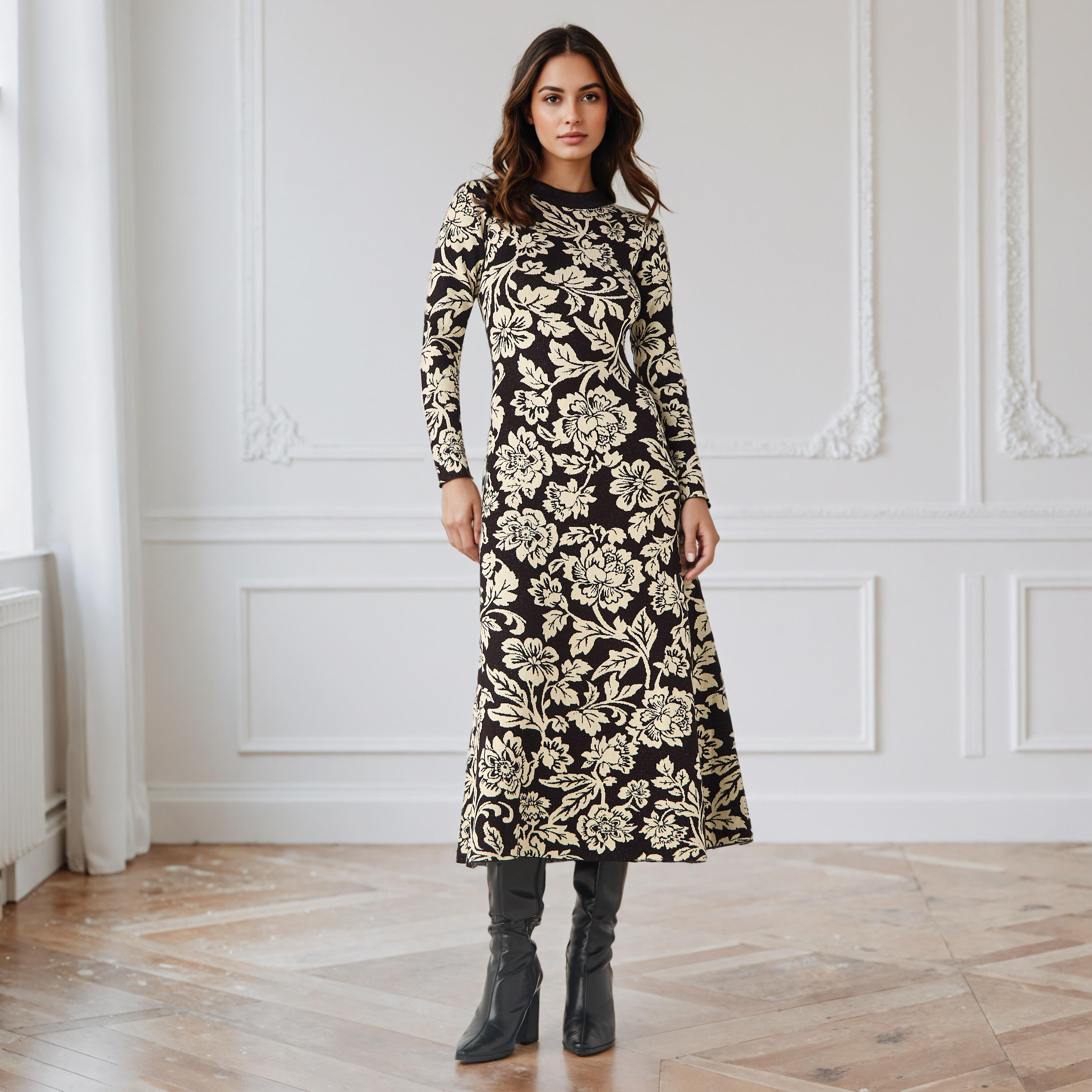 Floral Jacquard Textured Midi Dress-women-clothing-dresses-image-1