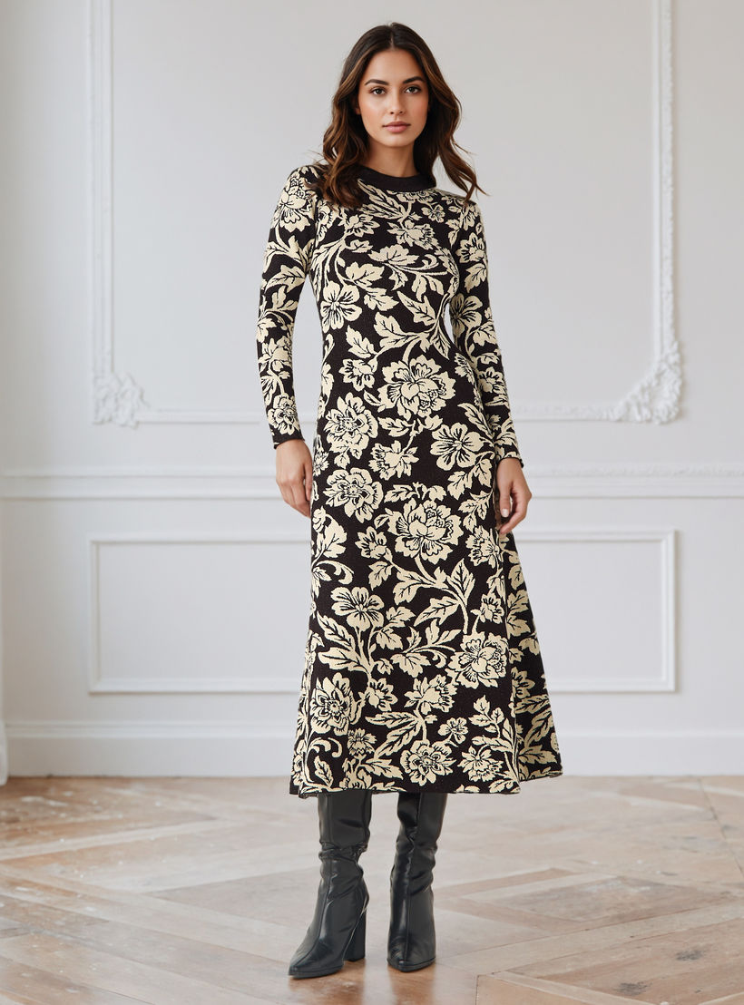 Floral Jacquard Textured Midi Dress-women-clothing-dresses-image-1