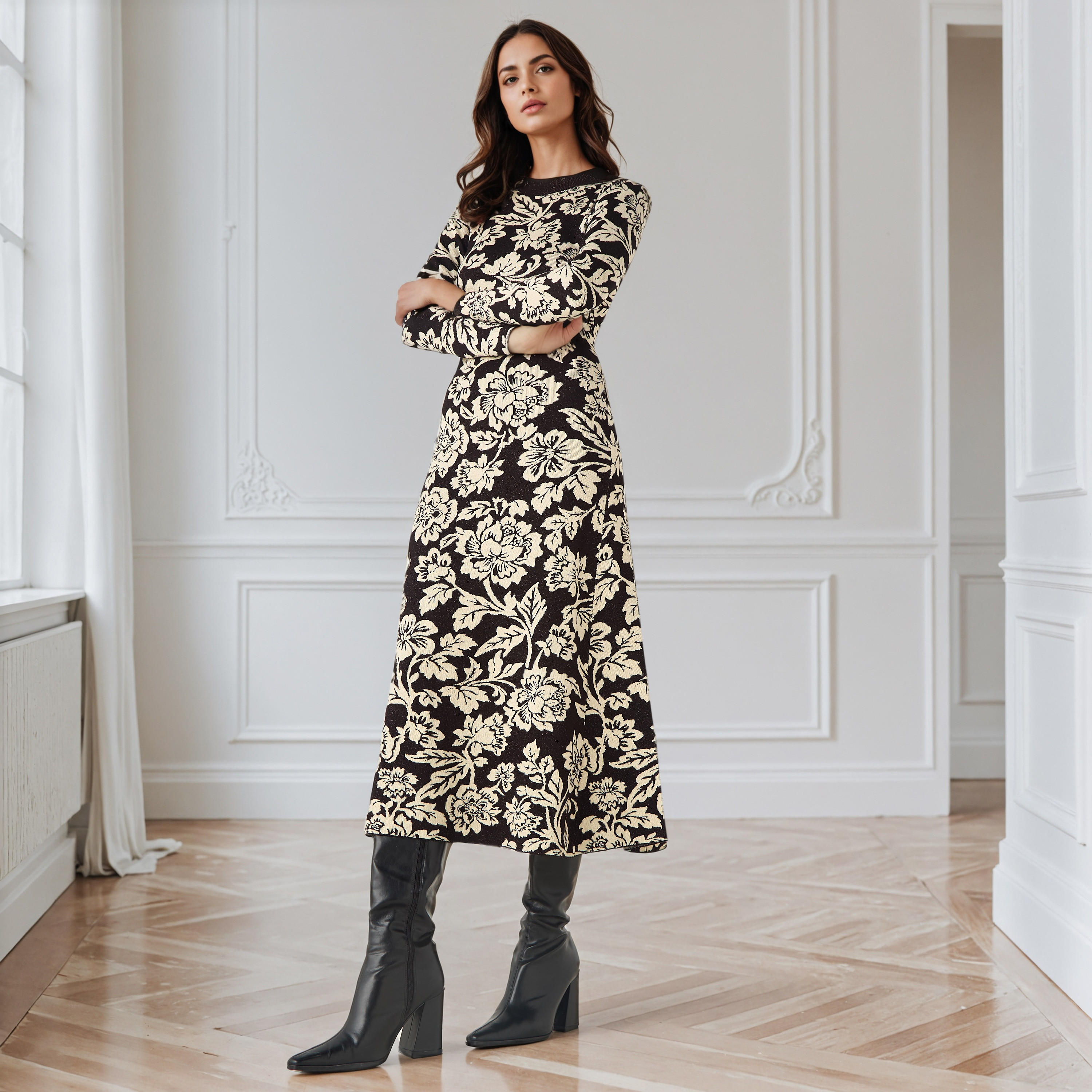 Floral Jacquard Textured Midi Dress-women-clothing-dresses-image-2
