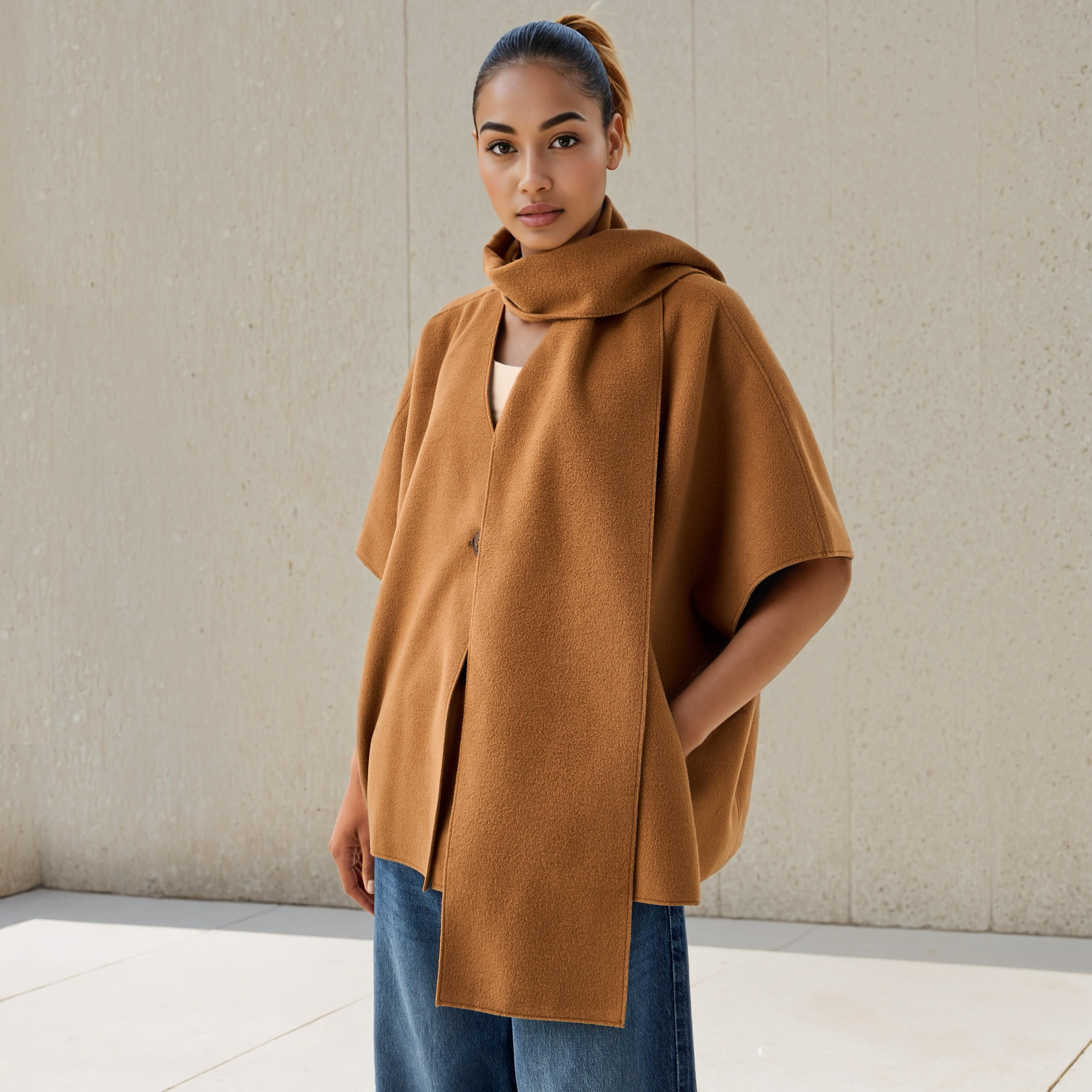 Textured Asymmetric Poncho with Scarf Detail-women-winterwear-cardigansandjumpers-cardigans-image-1