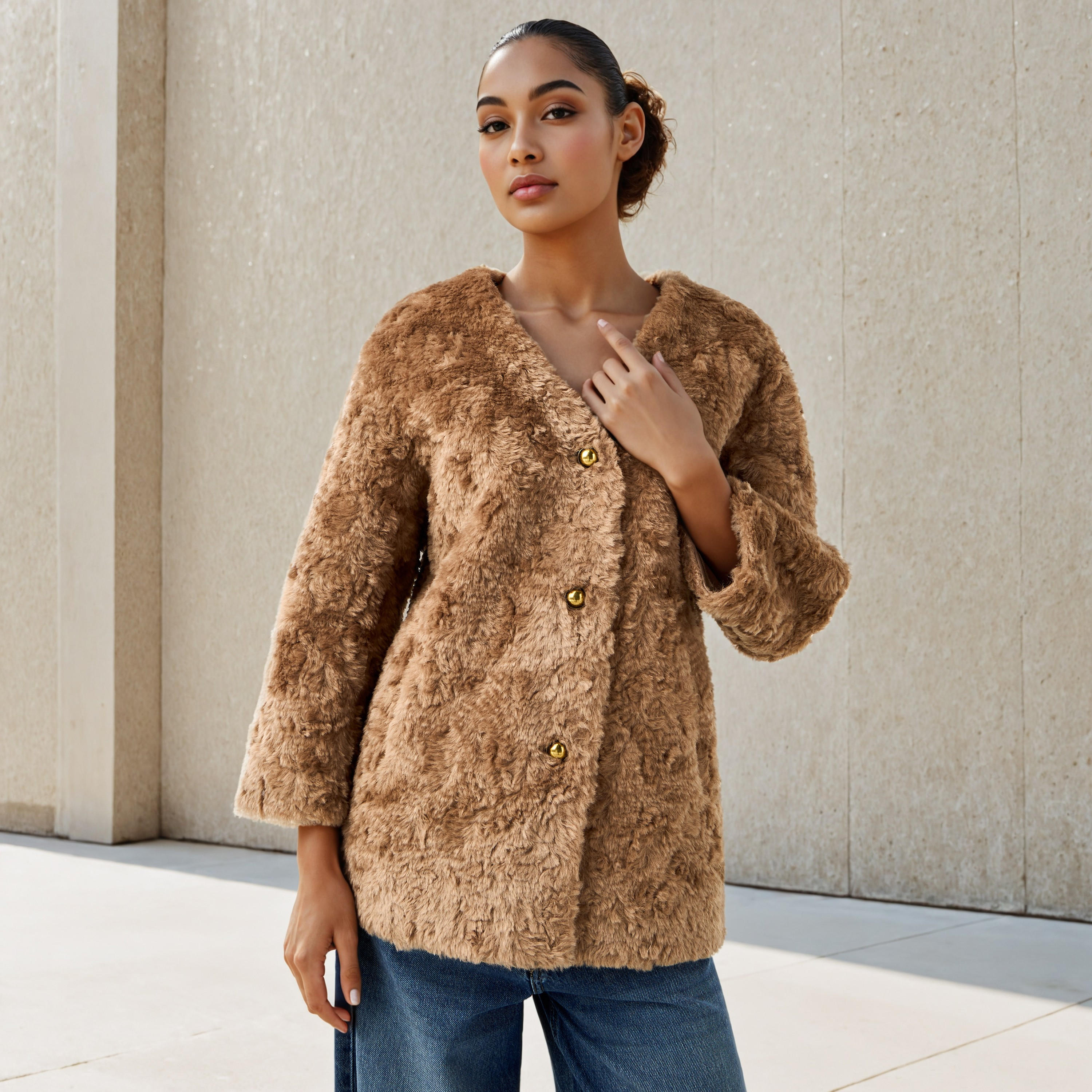 Faux Sherling Fur Coat with V-neck and Button Closure-women-clothing-coatsandjackets-coats-image-1
