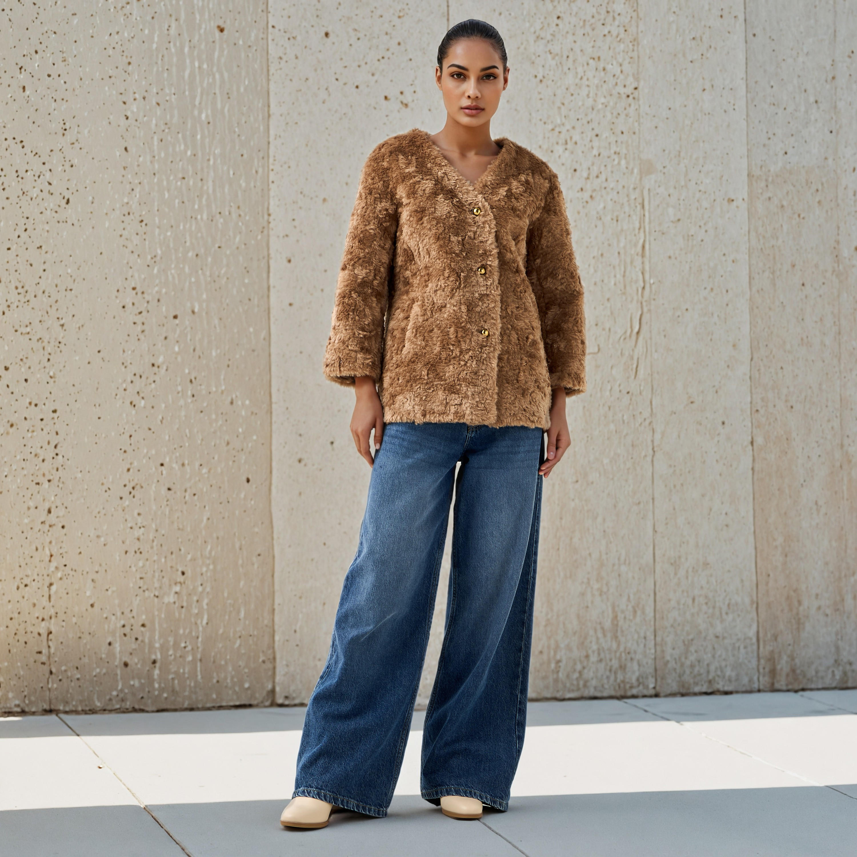معطف فرو شيرلينج صناعي بياقة V وإغلاق أزرار-women-clothing-coatsandjackets-coats-image-2