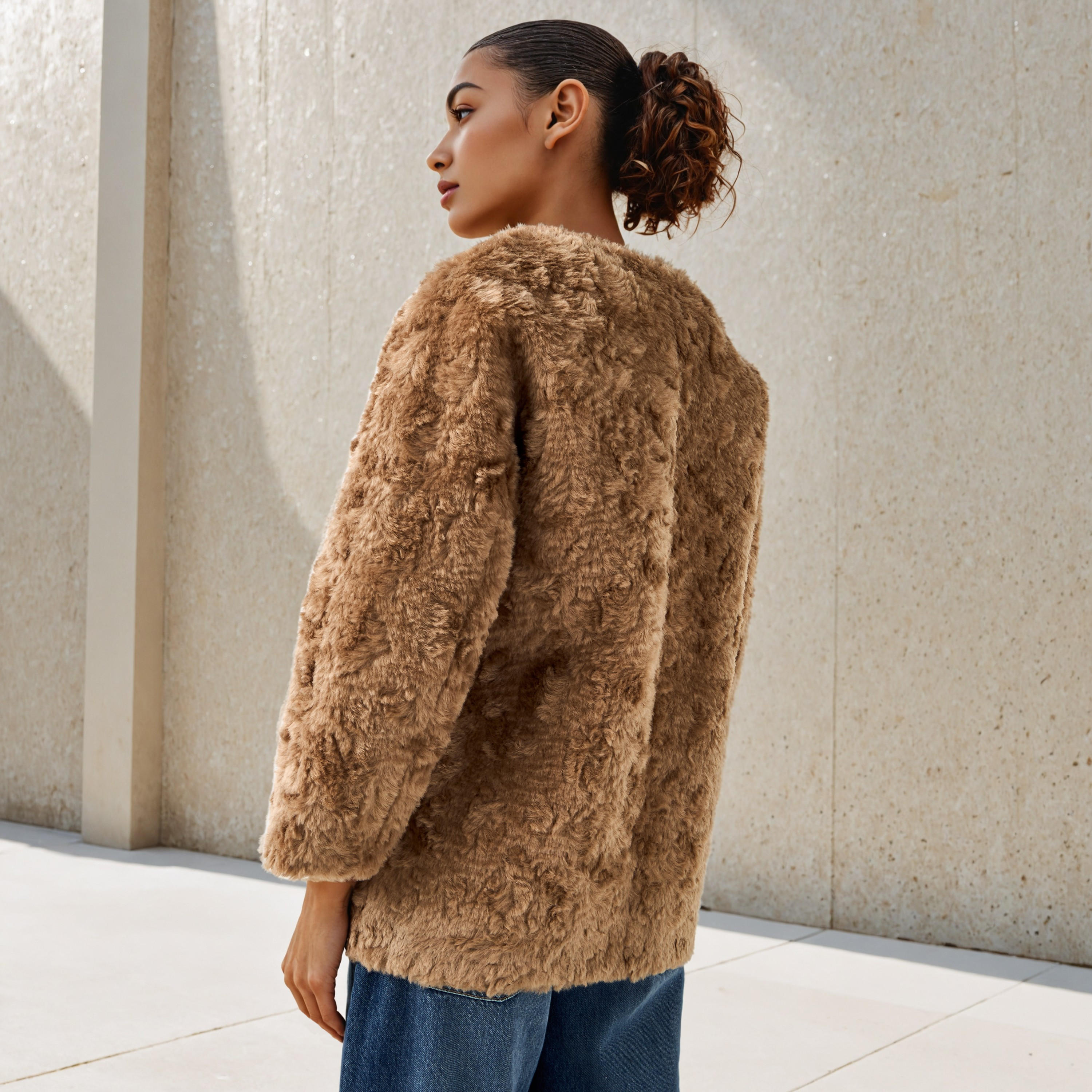 معطف فرو شيرلينج صناعي بياقة V وإغلاق أزرار-women-clothing-coatsandjackets-coats-image-3