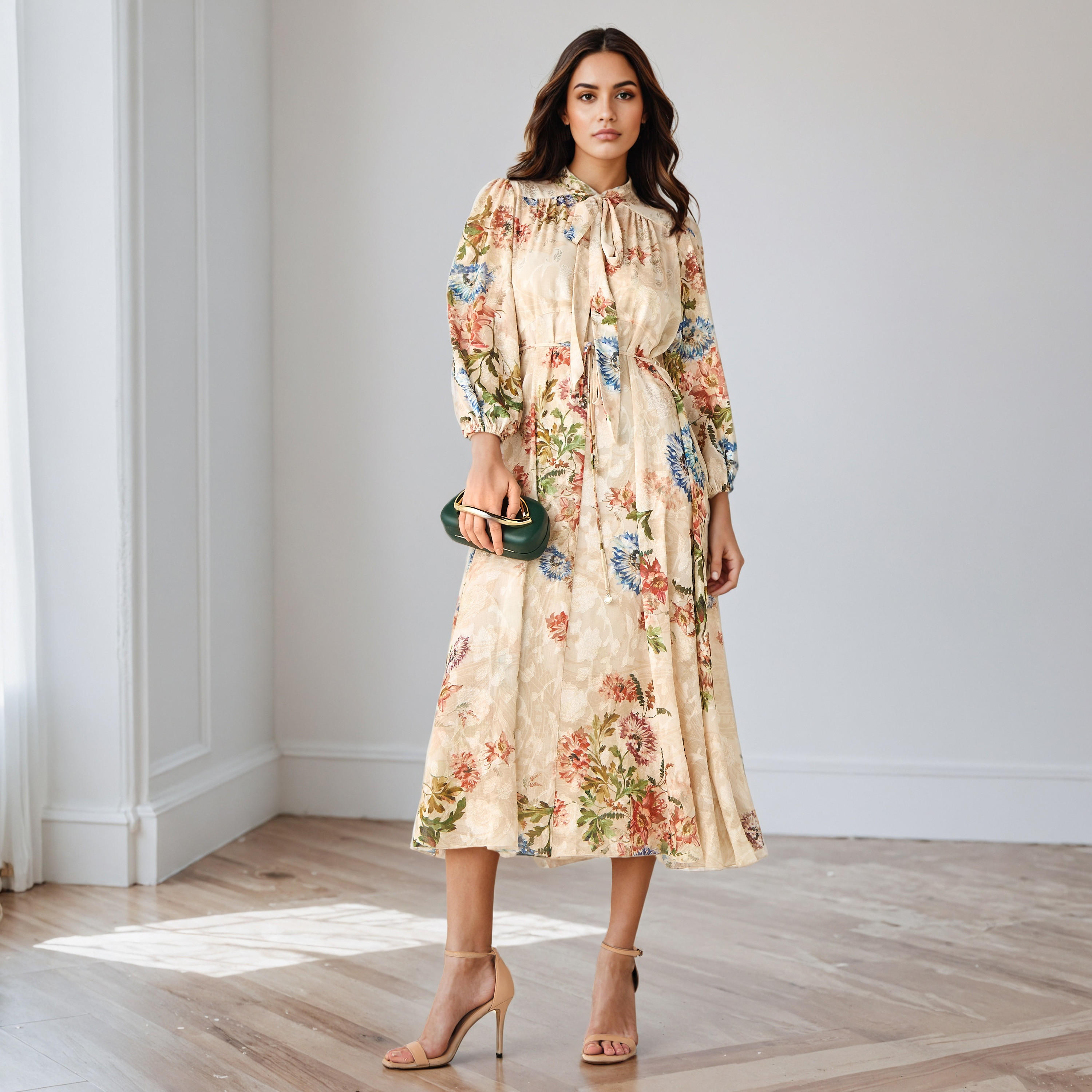 Floral Print Midi Dress with Neck Tie-Up-women-clothing-dresses-image-1