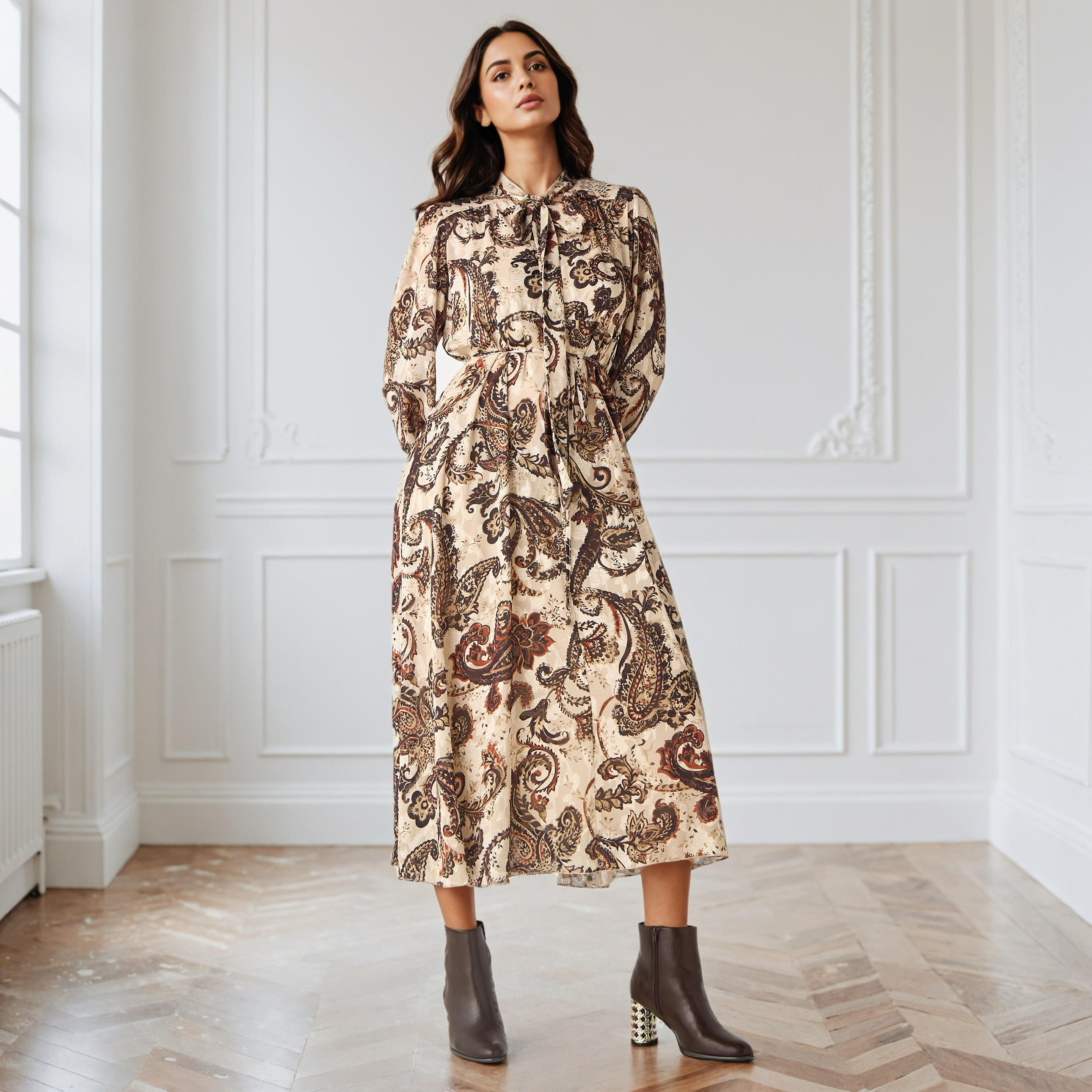 فستان ميدي بطبعات وياقة ربط-women-clothing-dresses-image-5