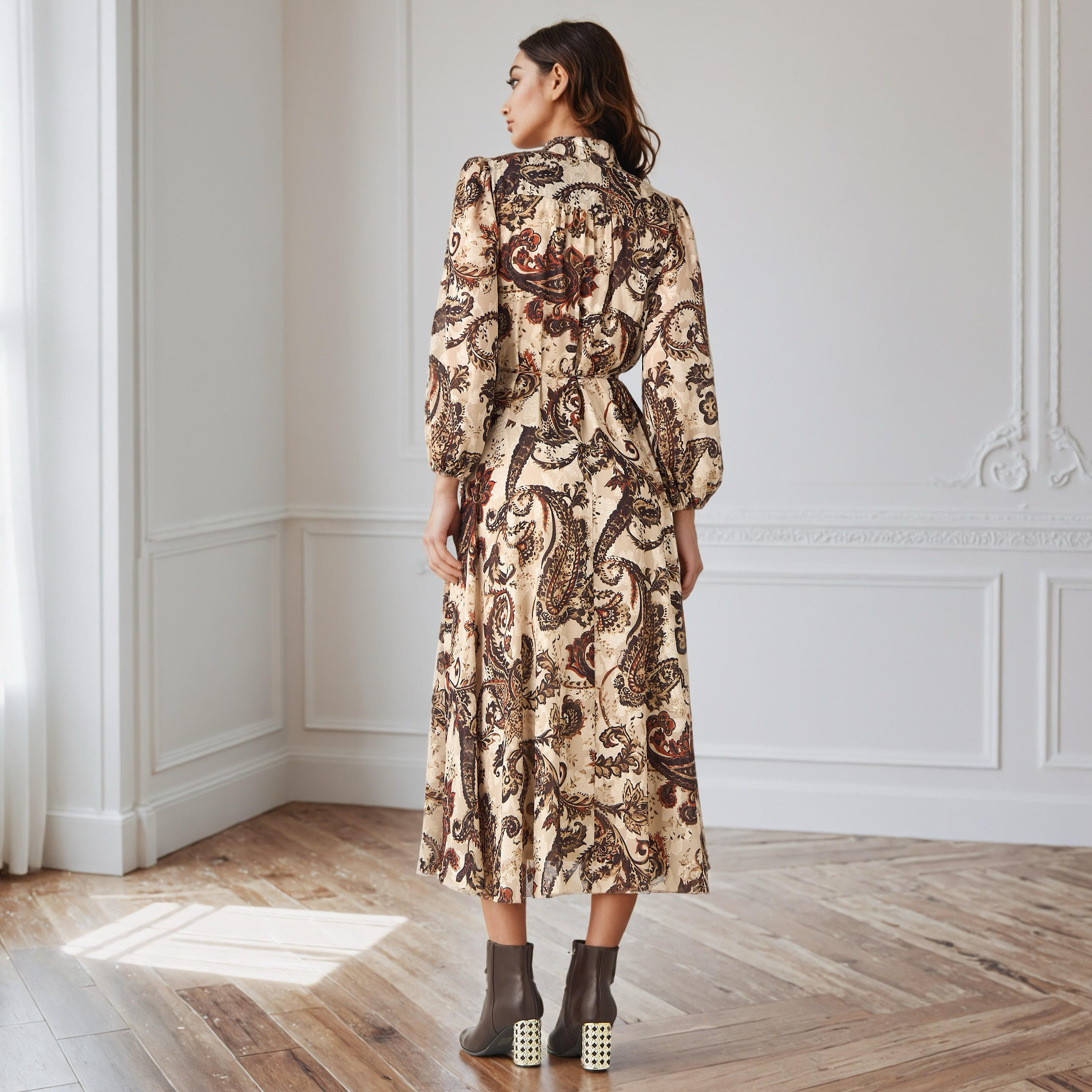 فستان ميدي بطبعات وياقة ربط-women-clothing-dresses-image-2