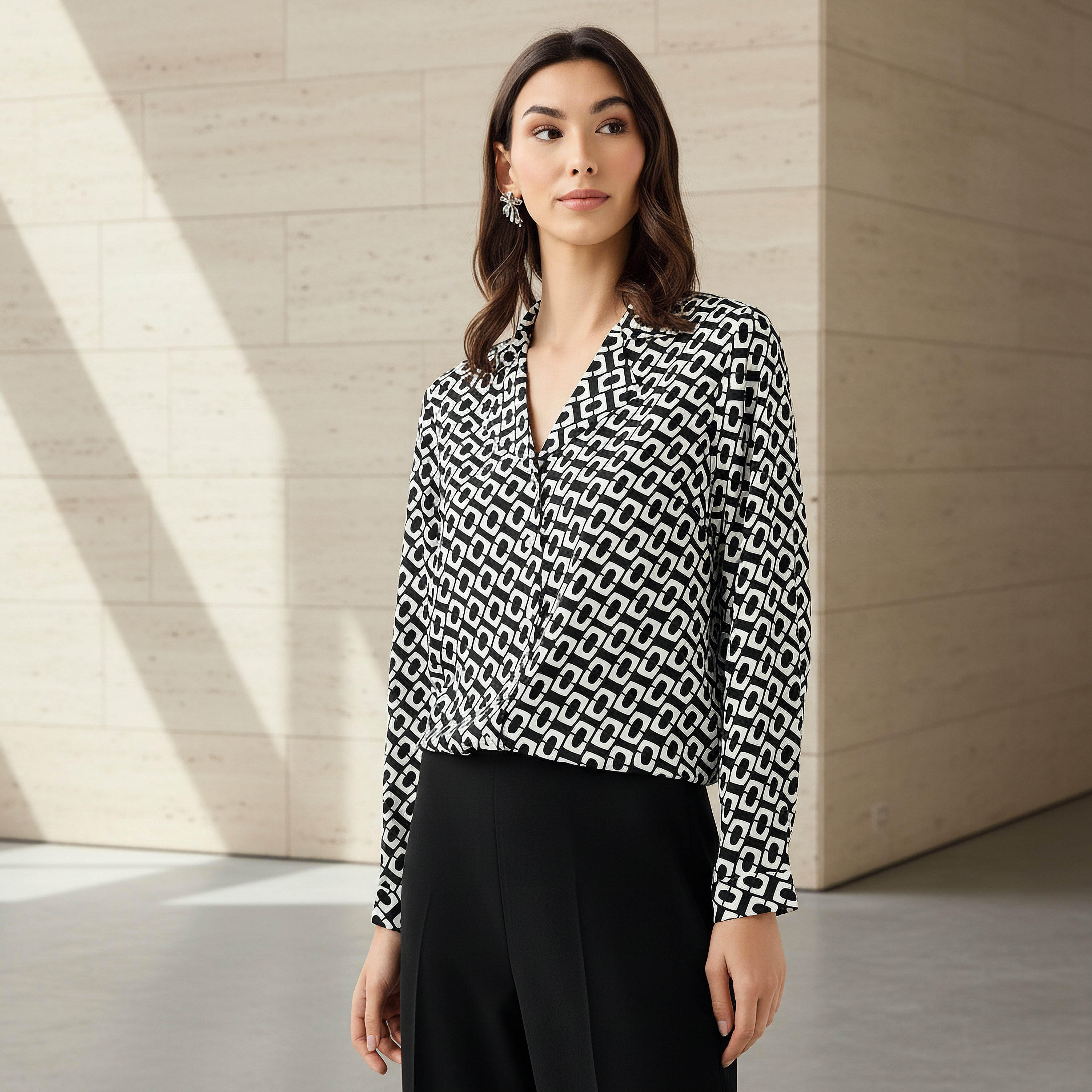 Geometric Print Shirt with Notch Lapel Collar-women-clothing-shirtsandblouses-shirts-image-1