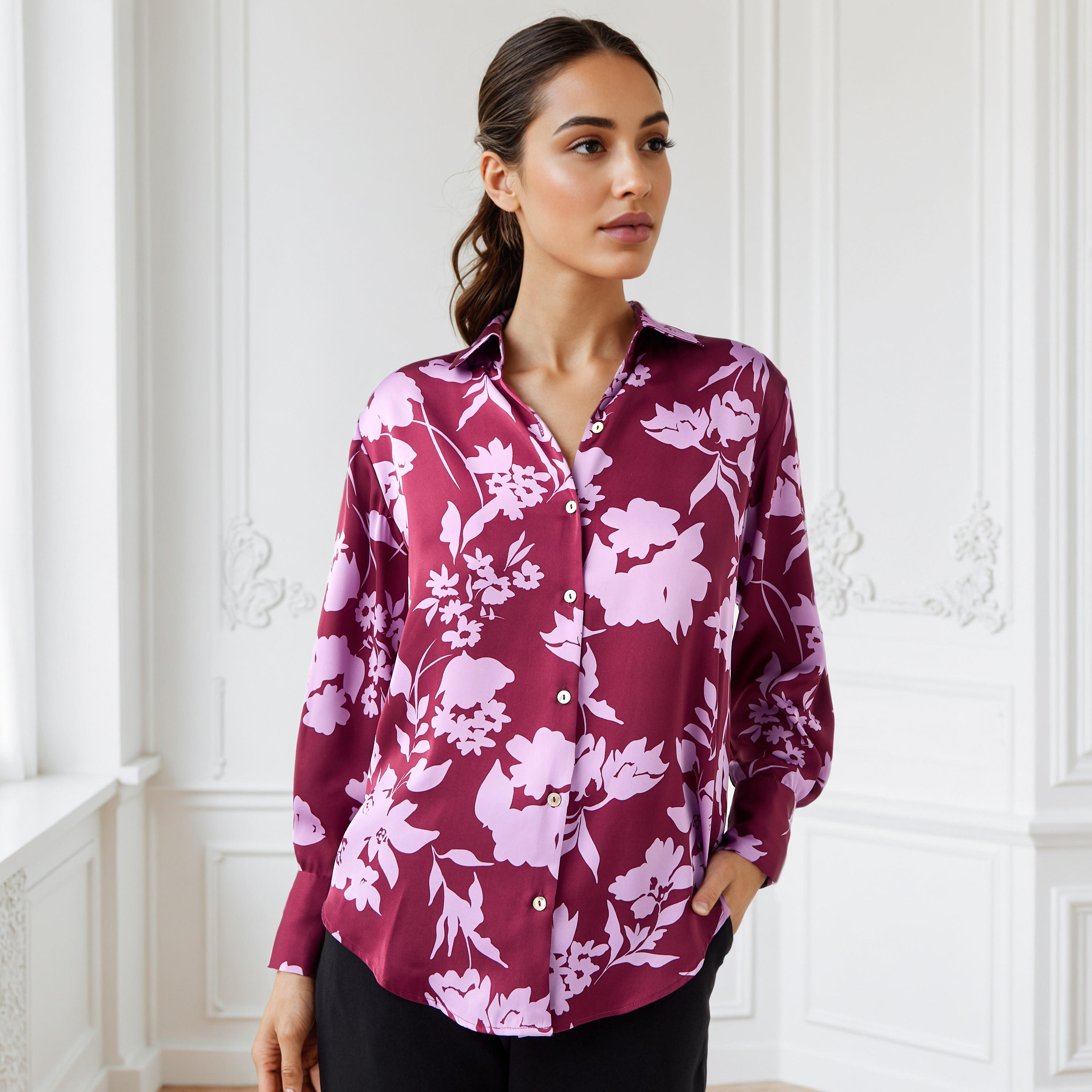 Floral Print Collared Satin Shirt-women-clothing-shirtsandblouses-shirts-image-1