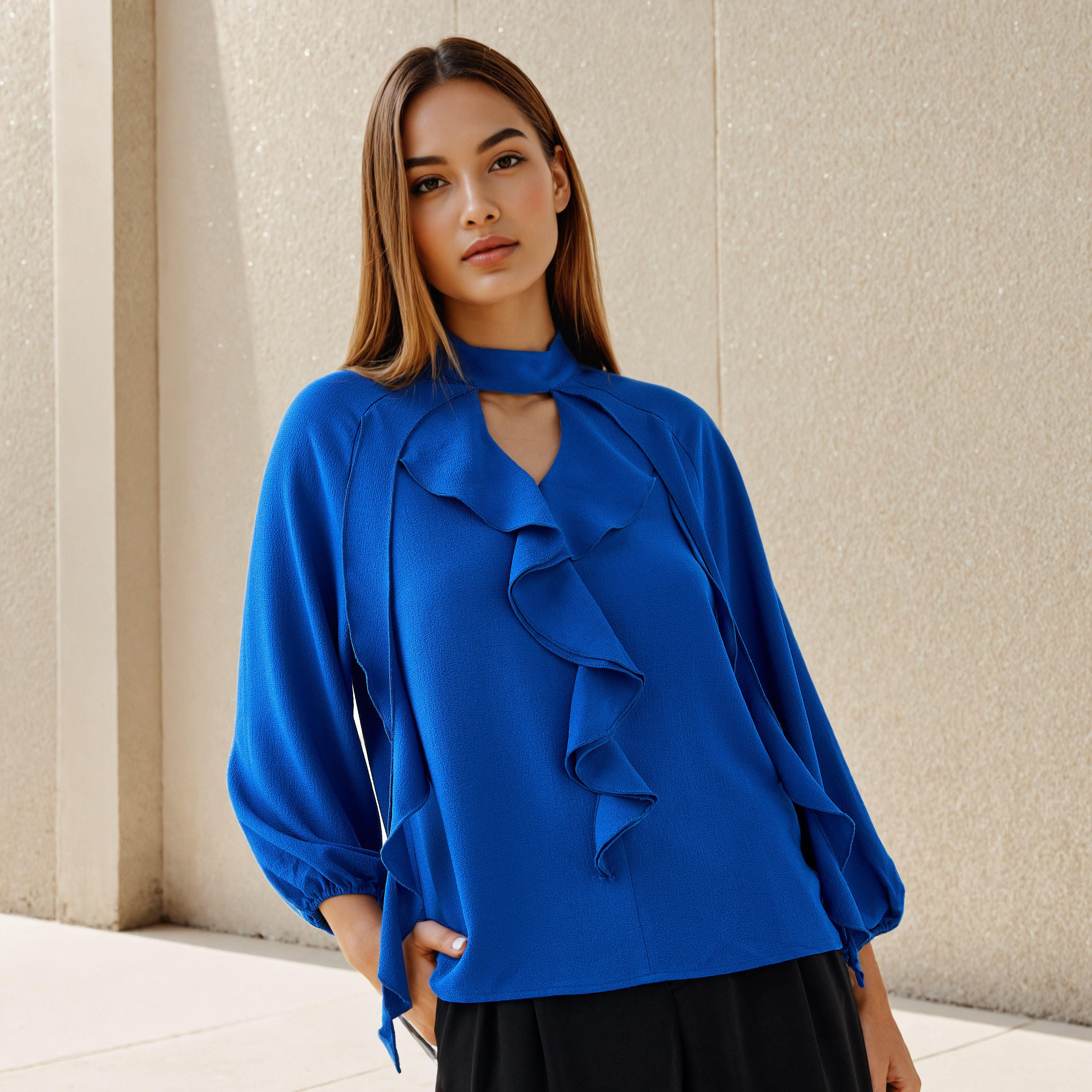 بلوزة بزينة كشكش وياقة مفتوحة-women-clothing-shirtsandblouses-blouses-image-1