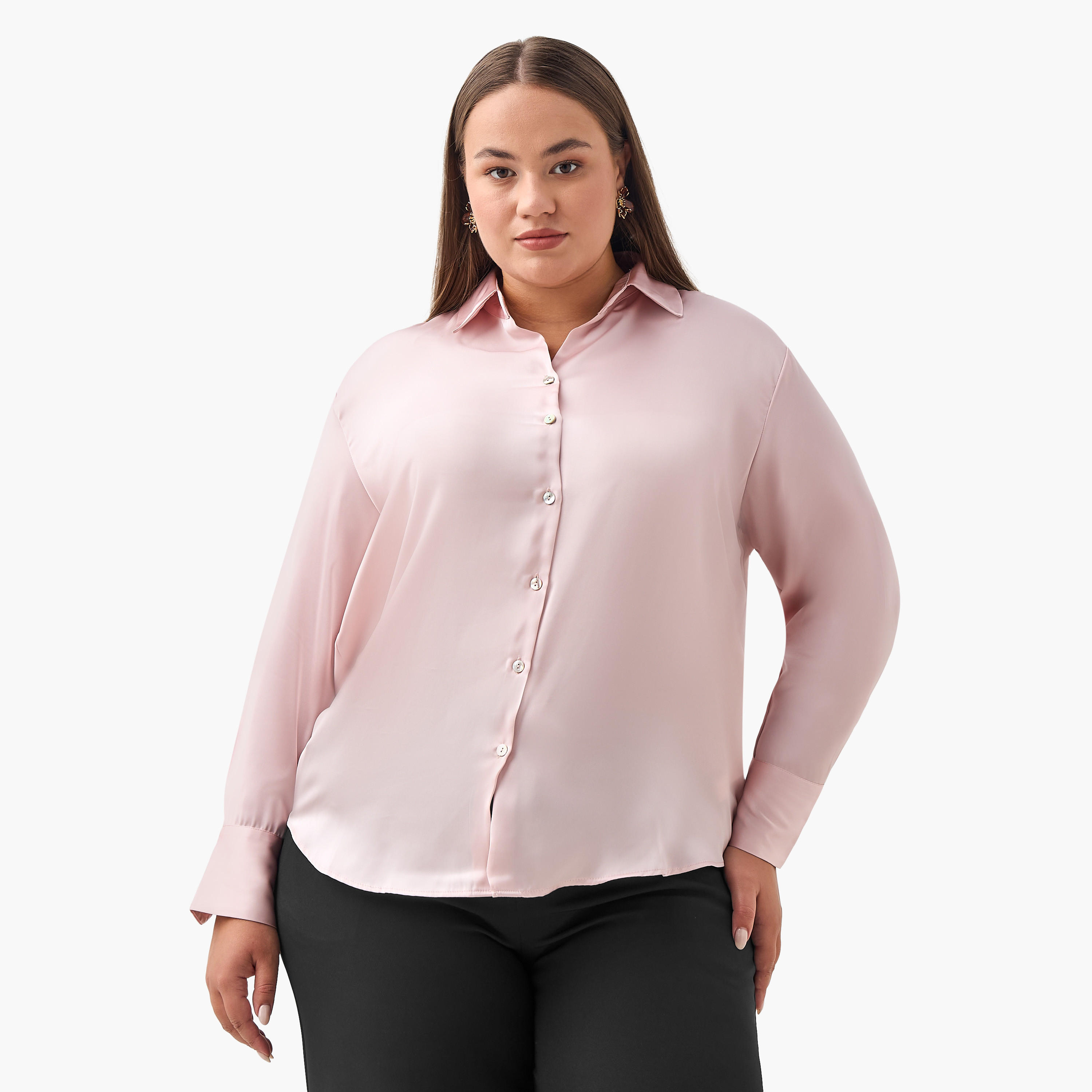 Regular Fit Satin Shirt with Collar-women-clothing-shirtsandblouses-shirts-image-2