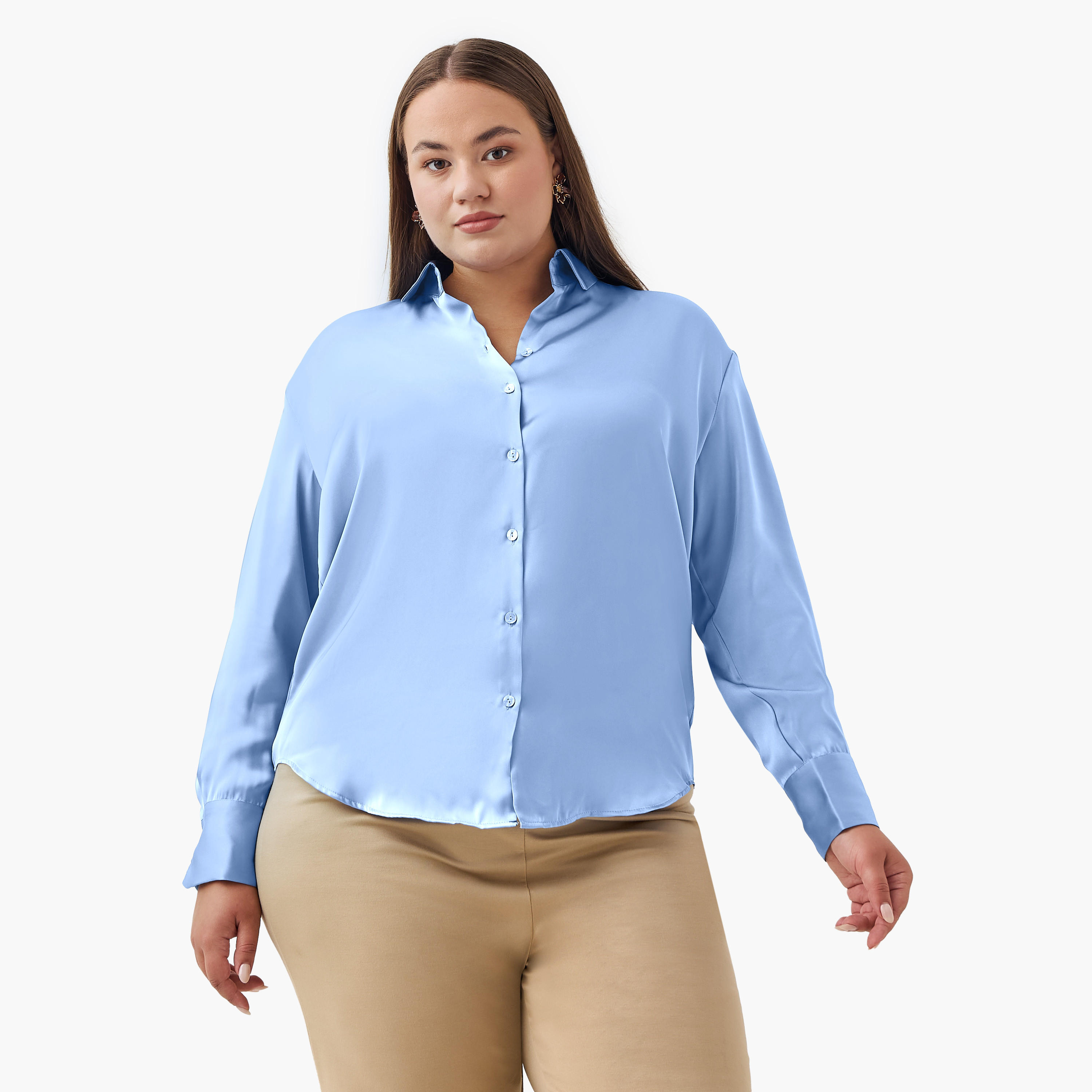 Regular Fit Satin Shirt with Collar-women-clothing-shirtsandblouses-shirts-image-2