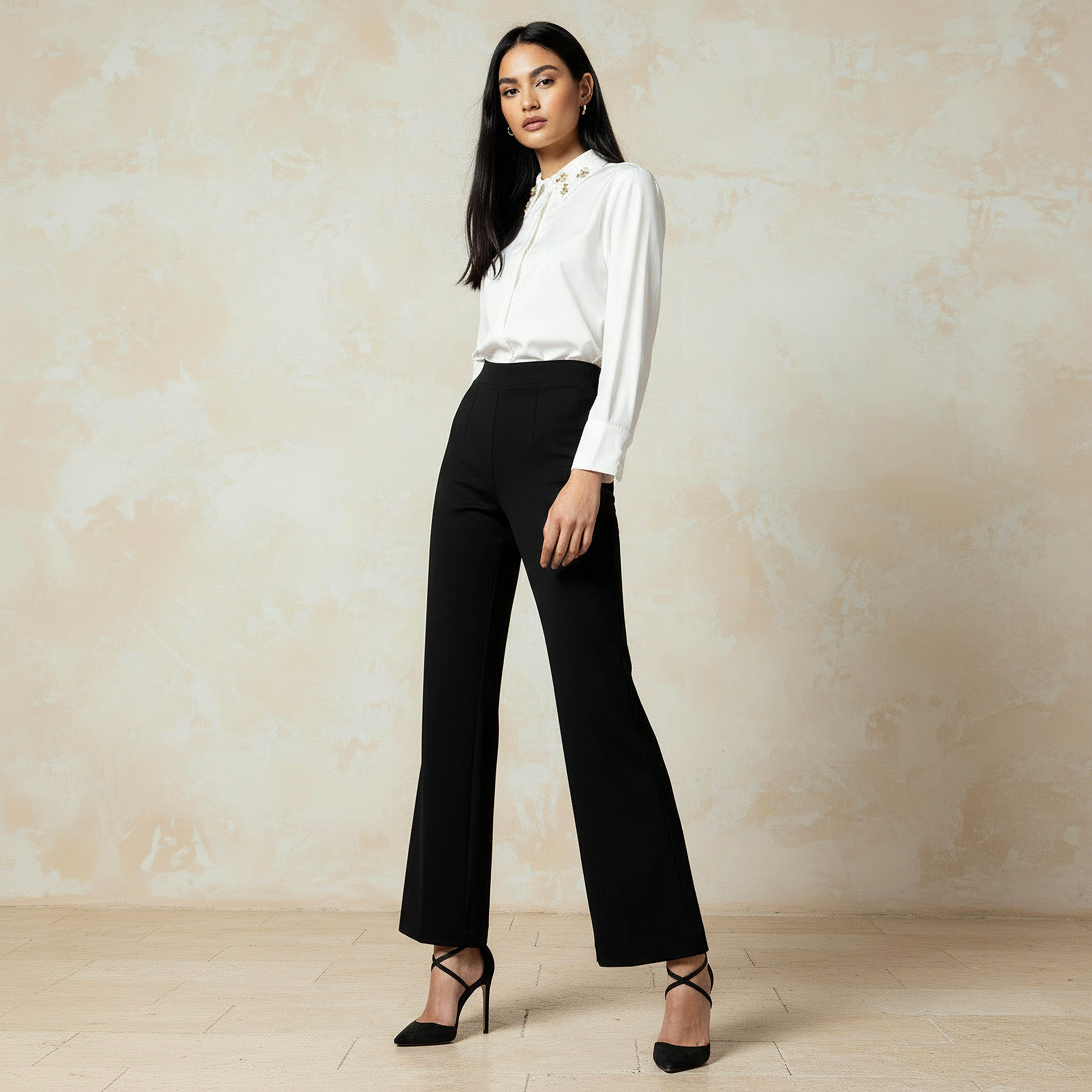 بنطلون بونتي طول كامل بقصة بونتي بخصر متوسط وخصر مطاطي-women-clothing-bottoms-trousers-image-3