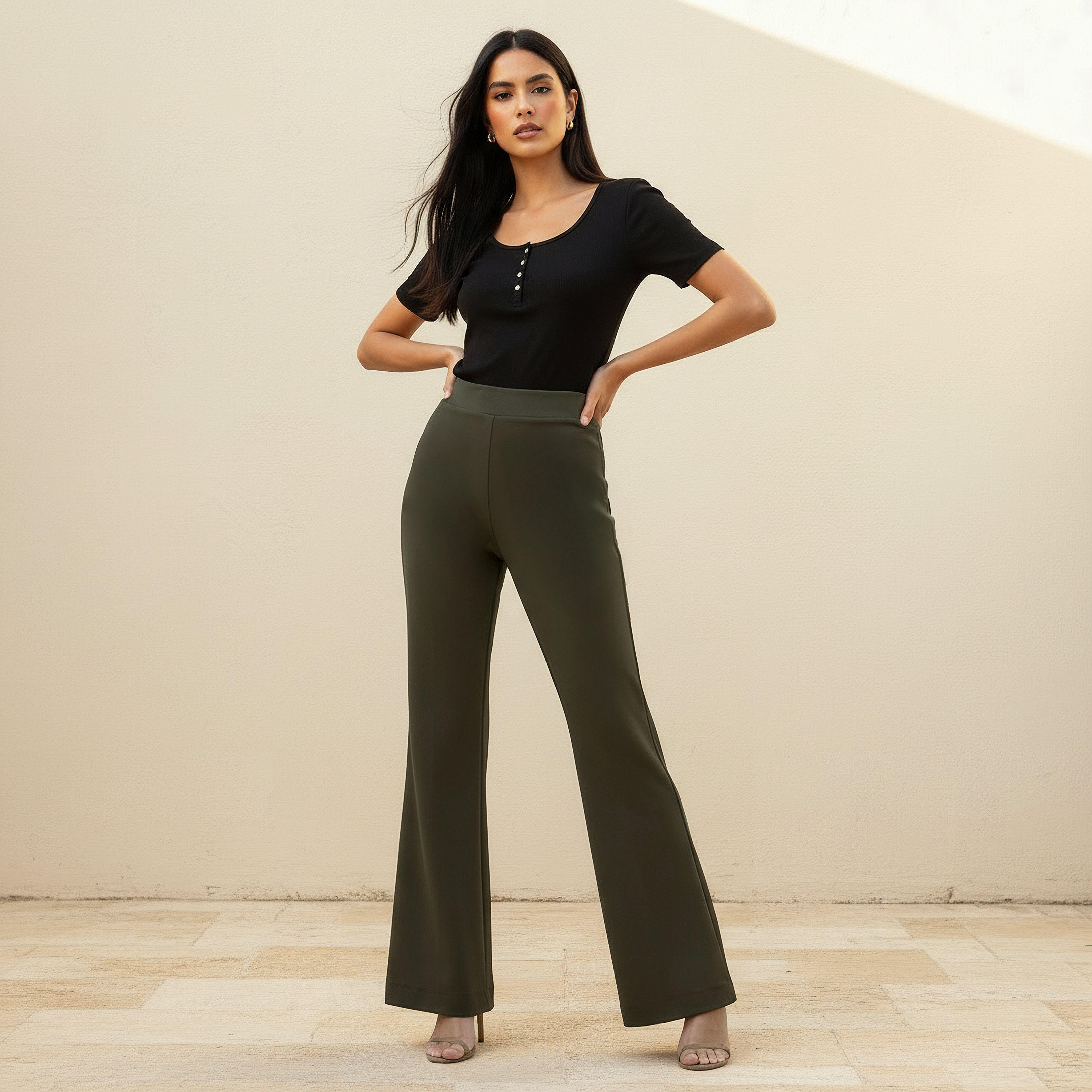 بنطلون بونتي طول كامل بقصة بونتي بخصر متوسط وخصر مطاطي-women-clothing-bottoms-trousers-image-3