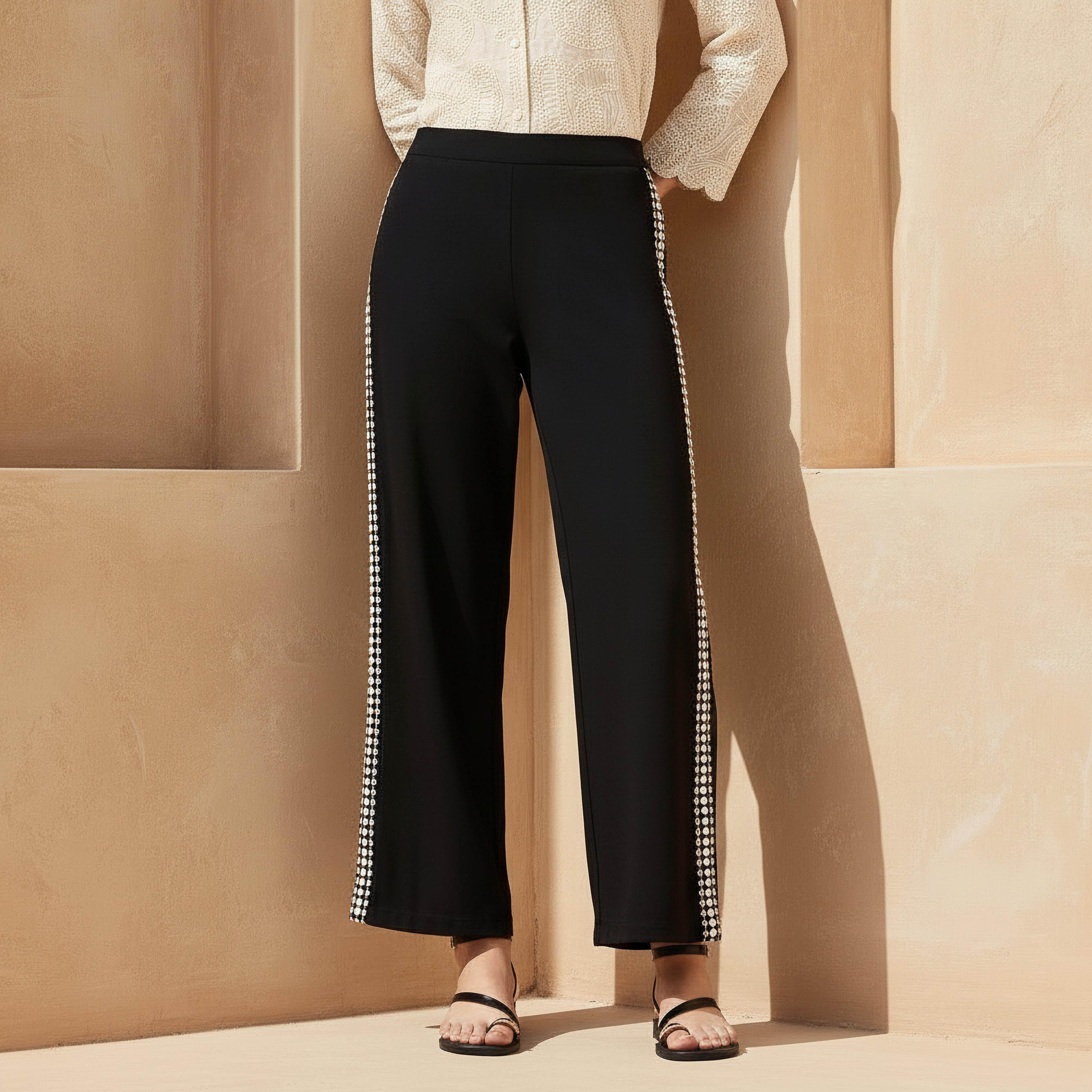 Straight Fit Embroidered Linen Blend Trousers-women-clothing-bottoms-trousers-image-1