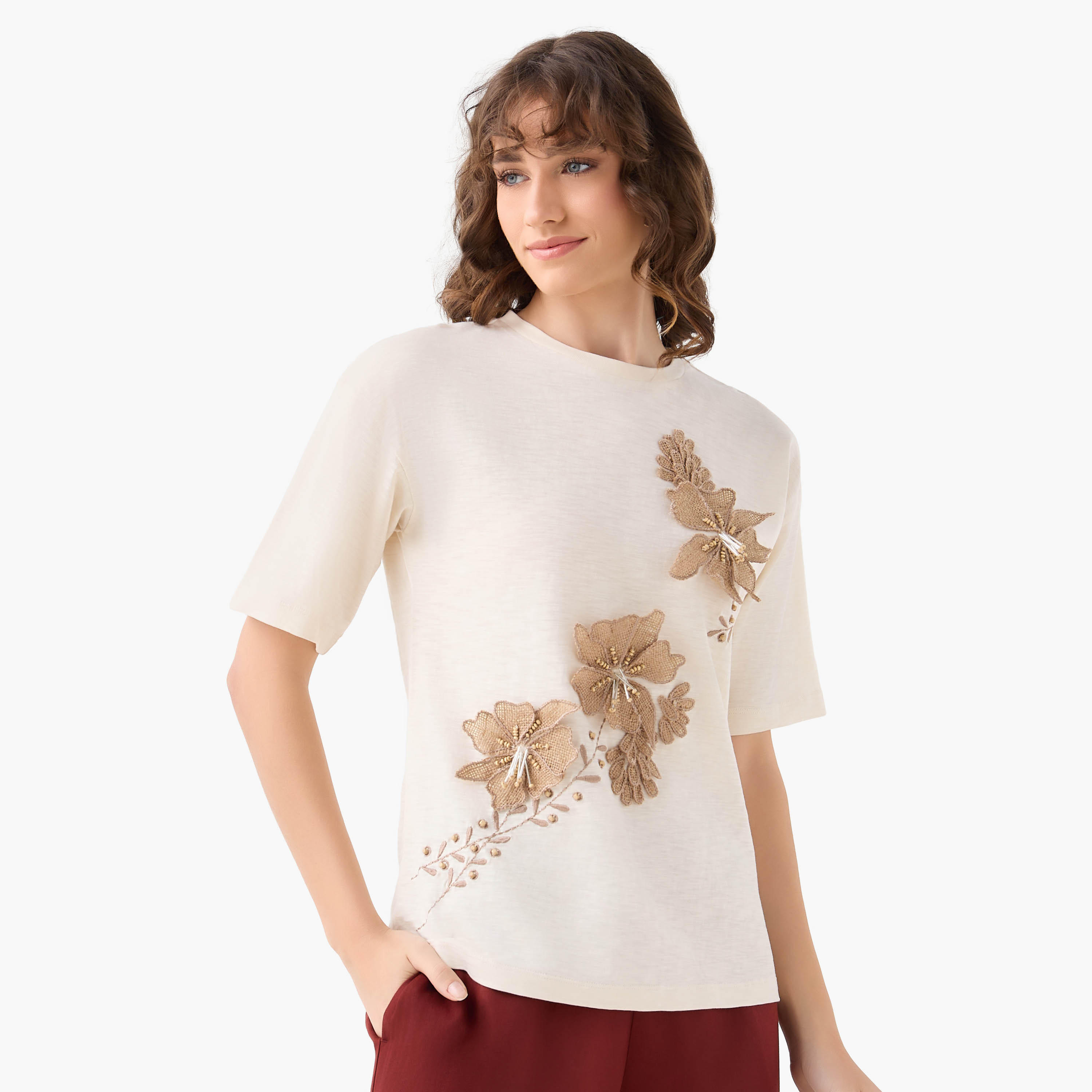 Regular Fit T-shirt with Jute Embellishments-women-clothing-tshirts-image-3