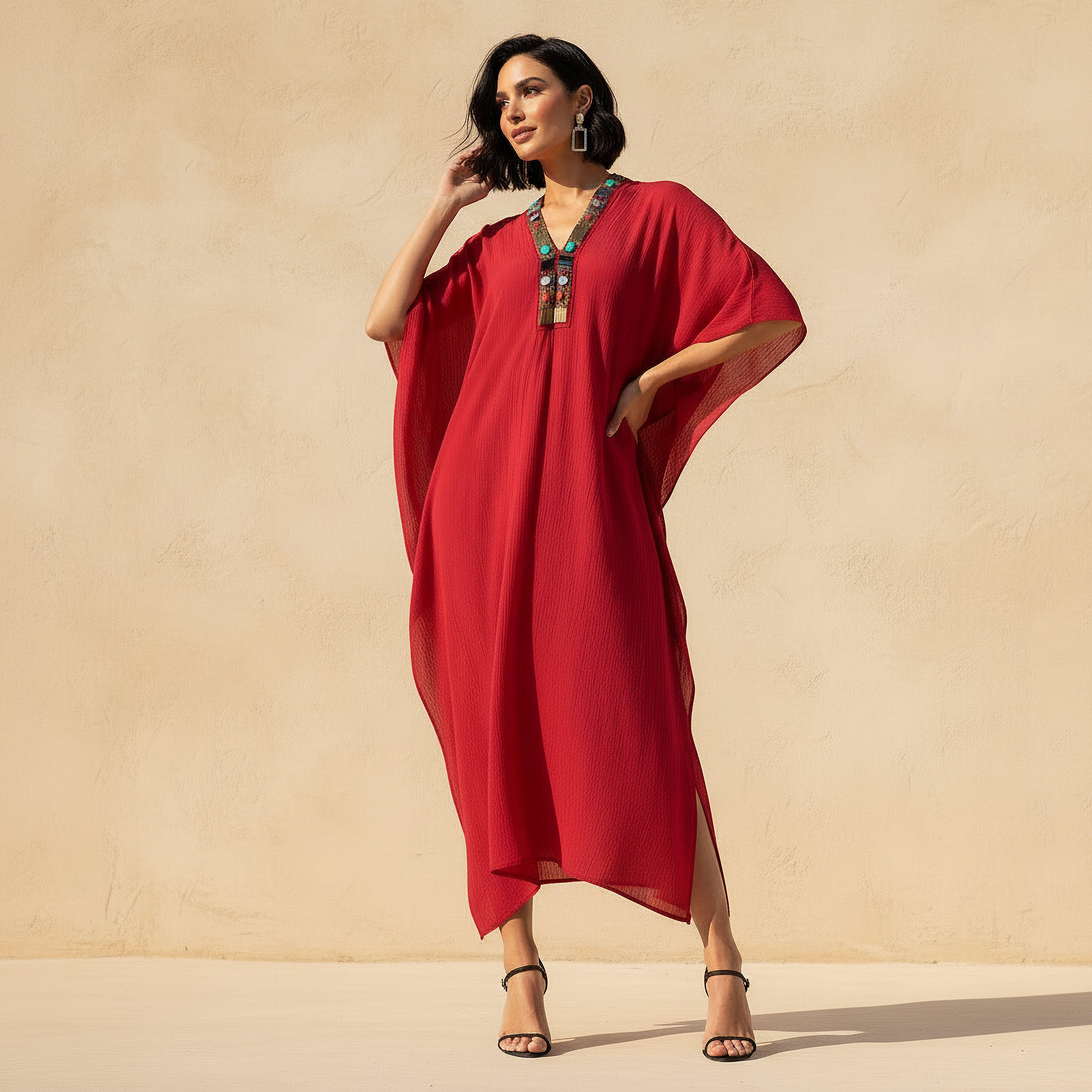 فستان قفطان ميدي مزين بالخرز بياقة V-women-clothing-dresses-image-1