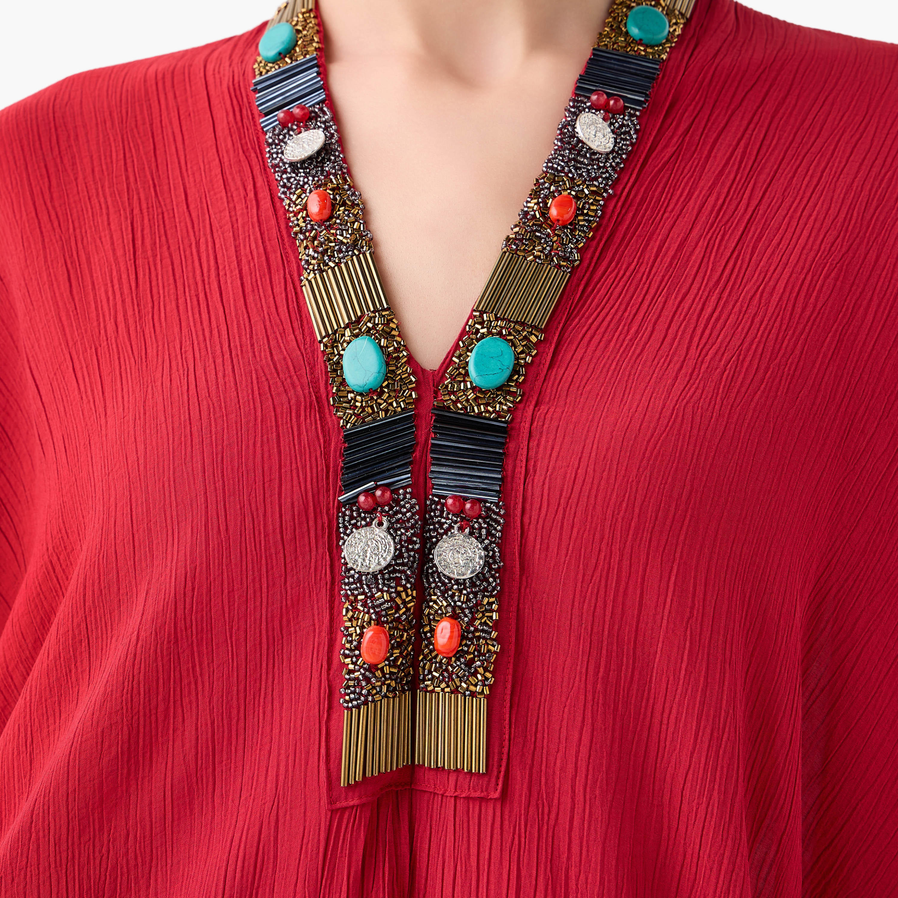 فستان قفطان ميدي مزين بالخرز بياقة V-women-clothing-dresses-image-2