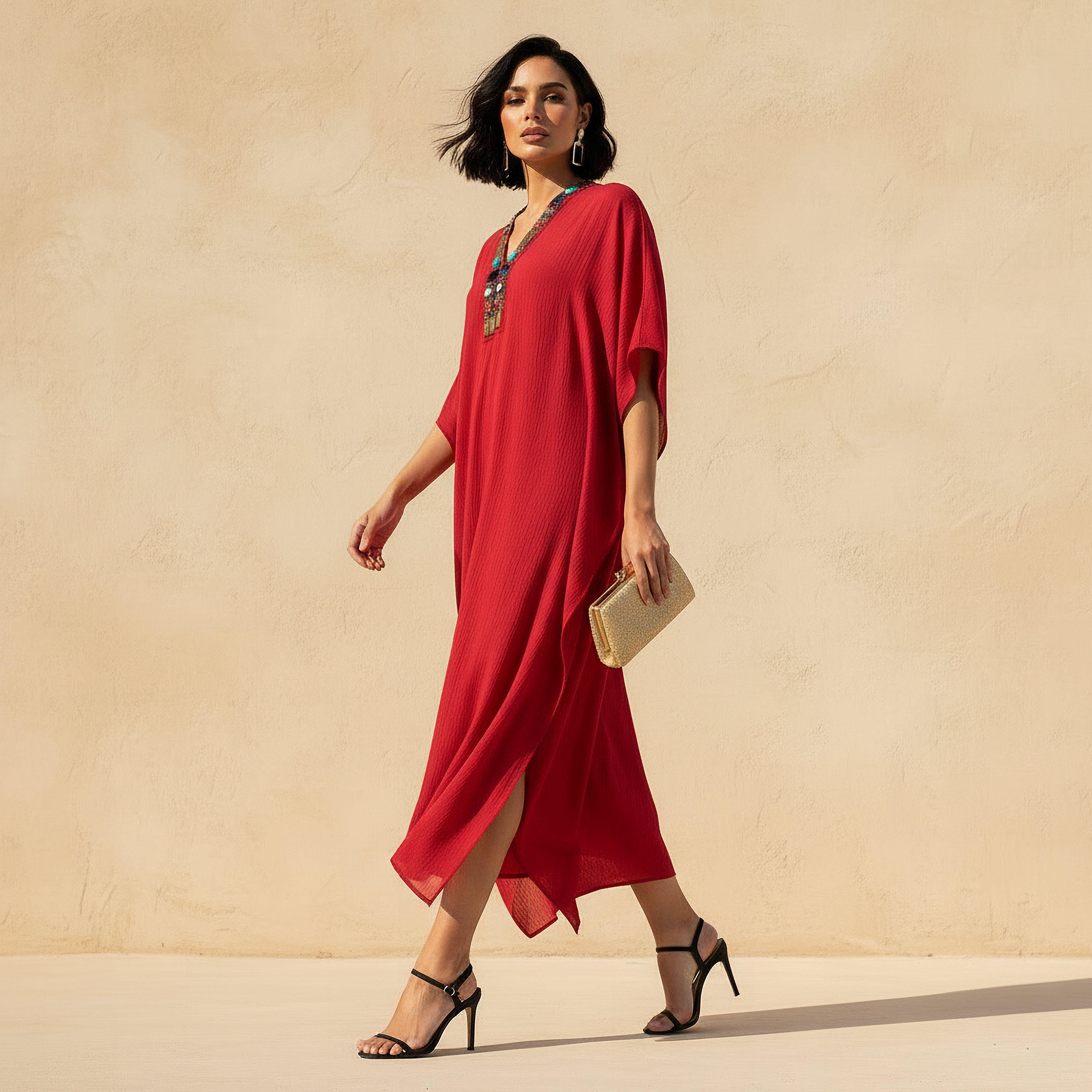 فستان قفطان ميدي مزين بالخرز بياقة V-women-clothing-dresses-image-3
