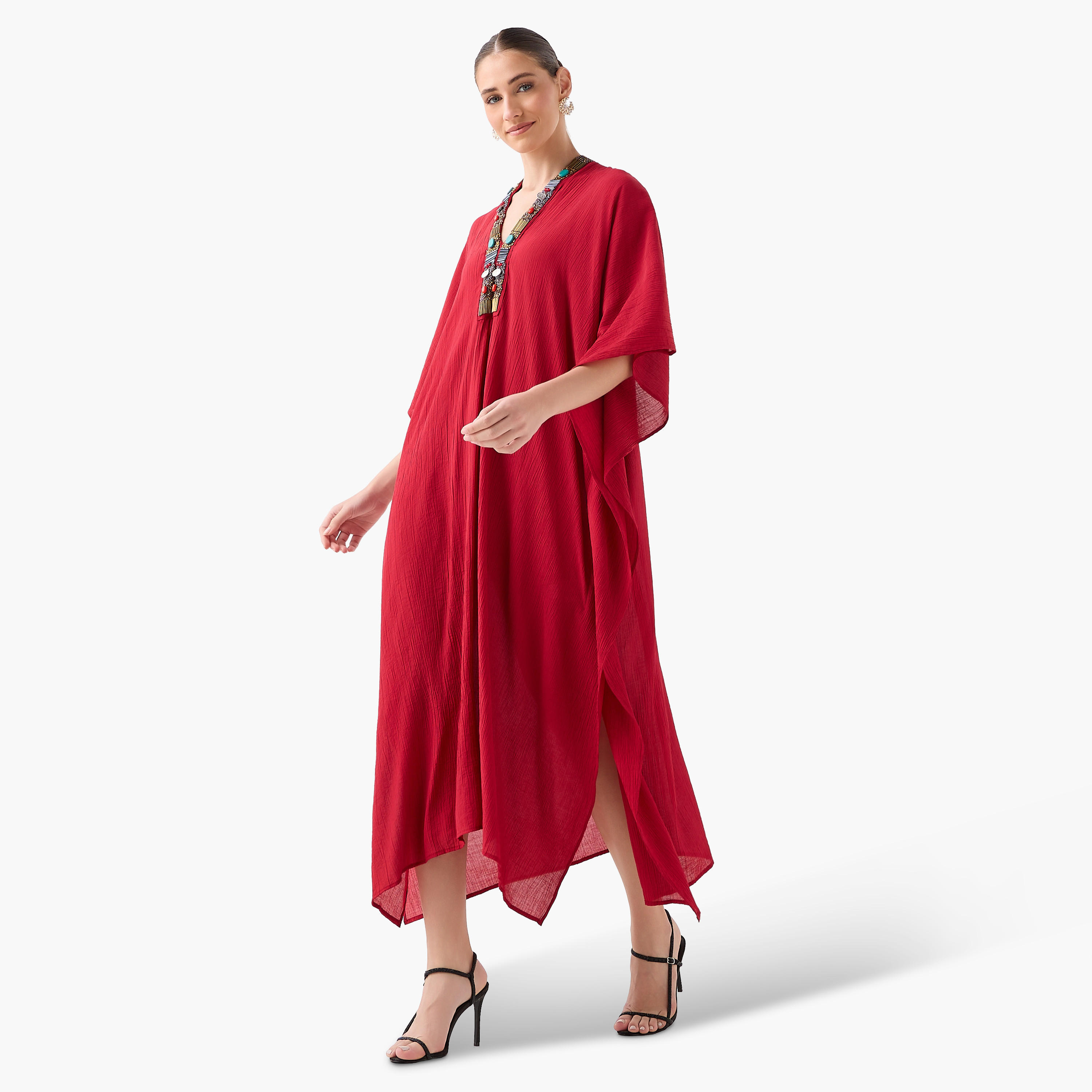 فستان قفطان ميدي مزين بالخرز بياقة V-women-clothing-dresses-image-4