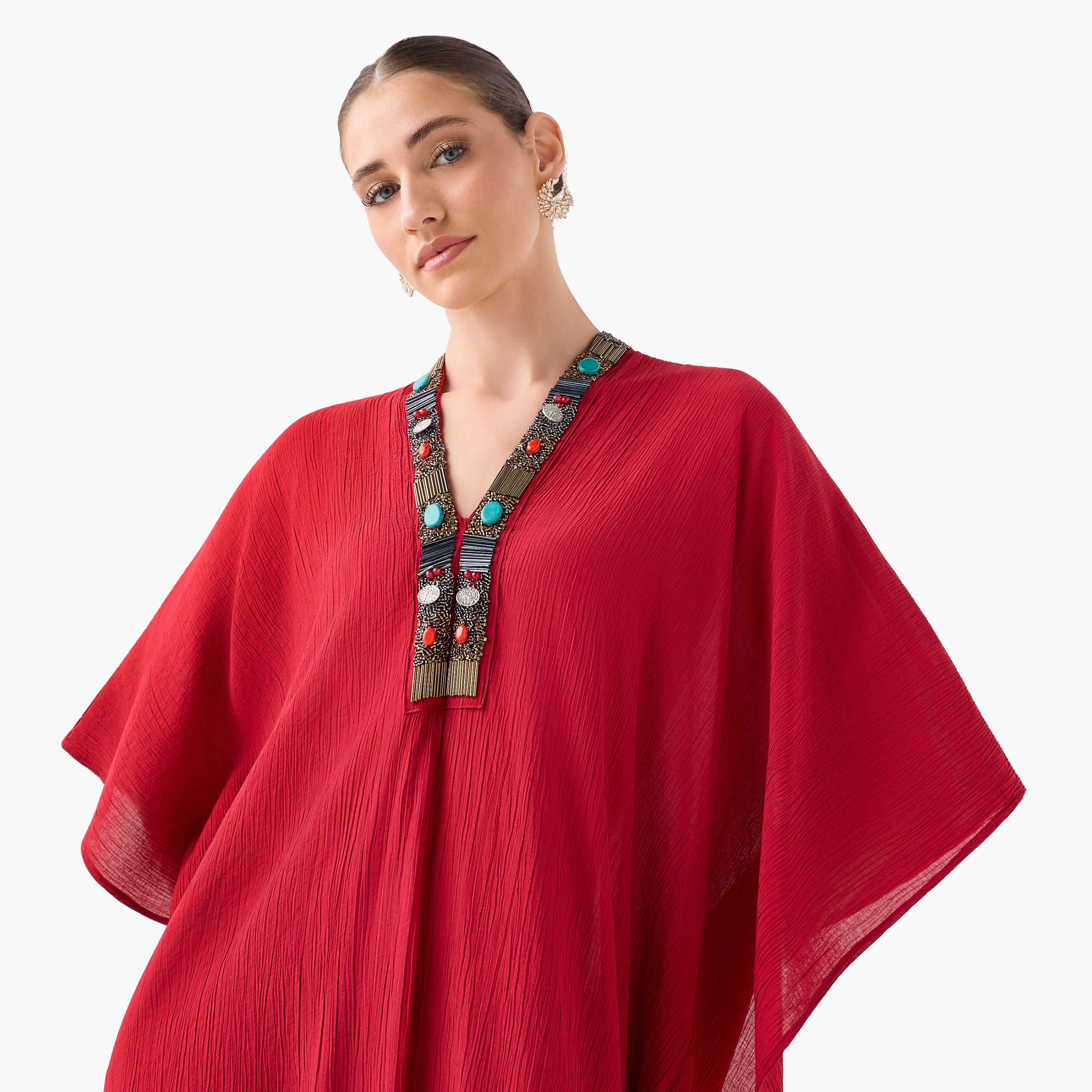 فستان قفطان ميدي مزين بالخرز بياقة V-women-clothing-dresses-image-5