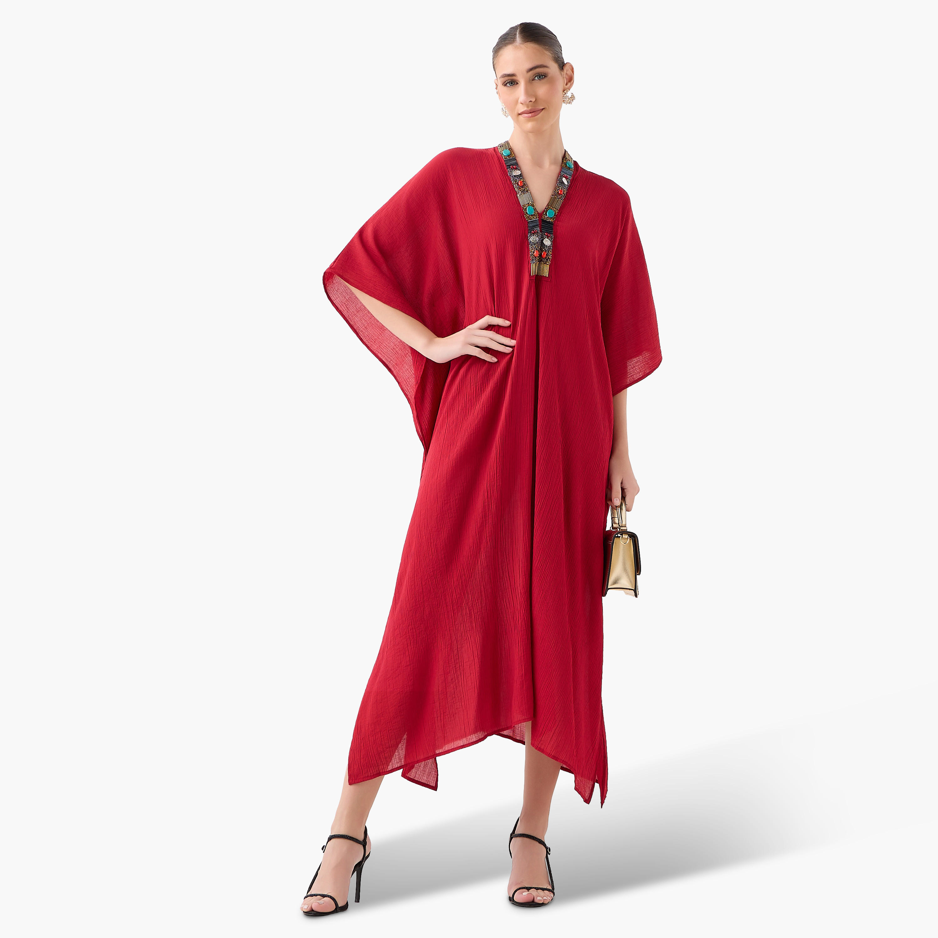 فستان قفطان ميدي مزين بالخرز بياقة V-women-clothing-dresses-image-6