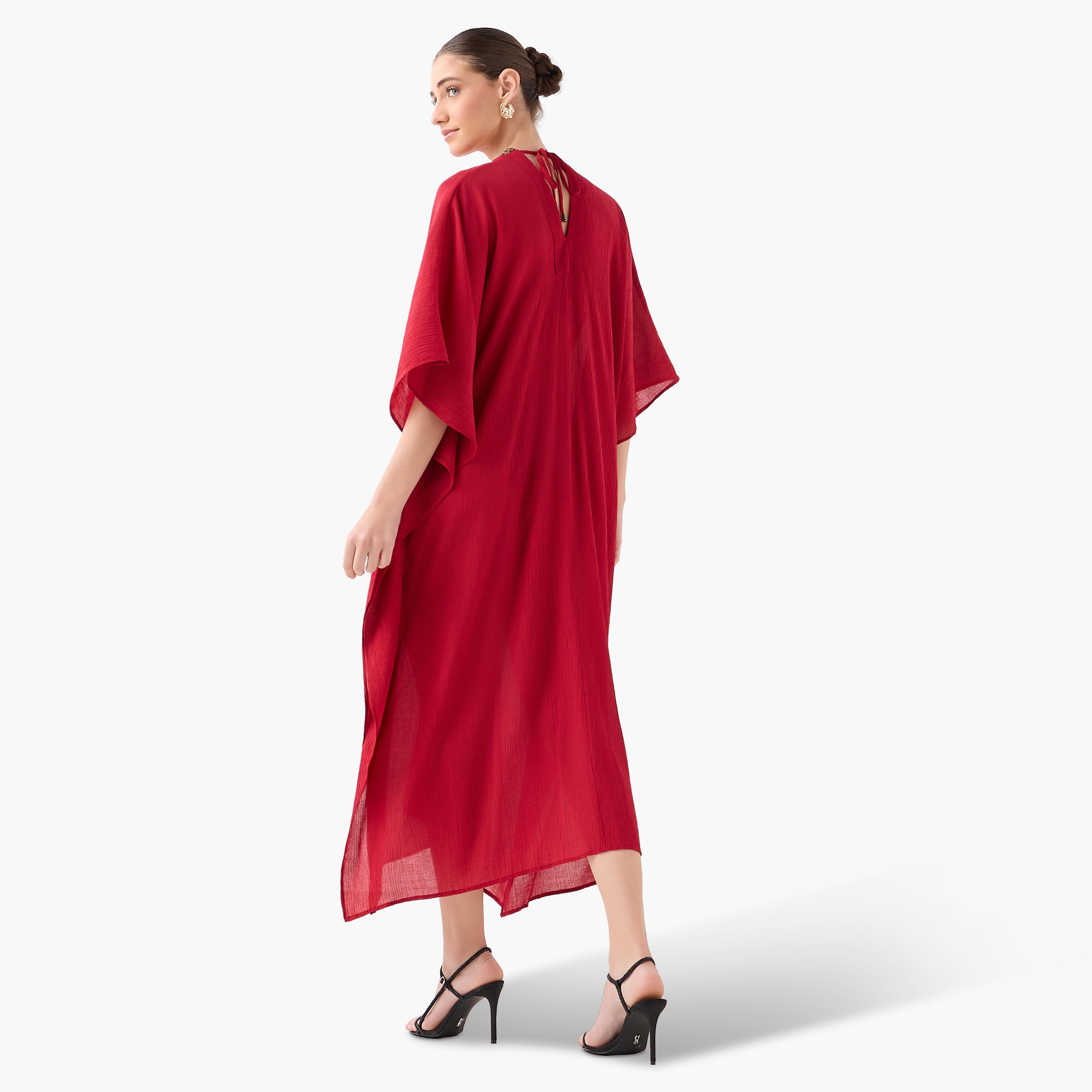 فستان قفطان ميدي مزين بالخرز بياقة V-women-clothing-dresses-image-7