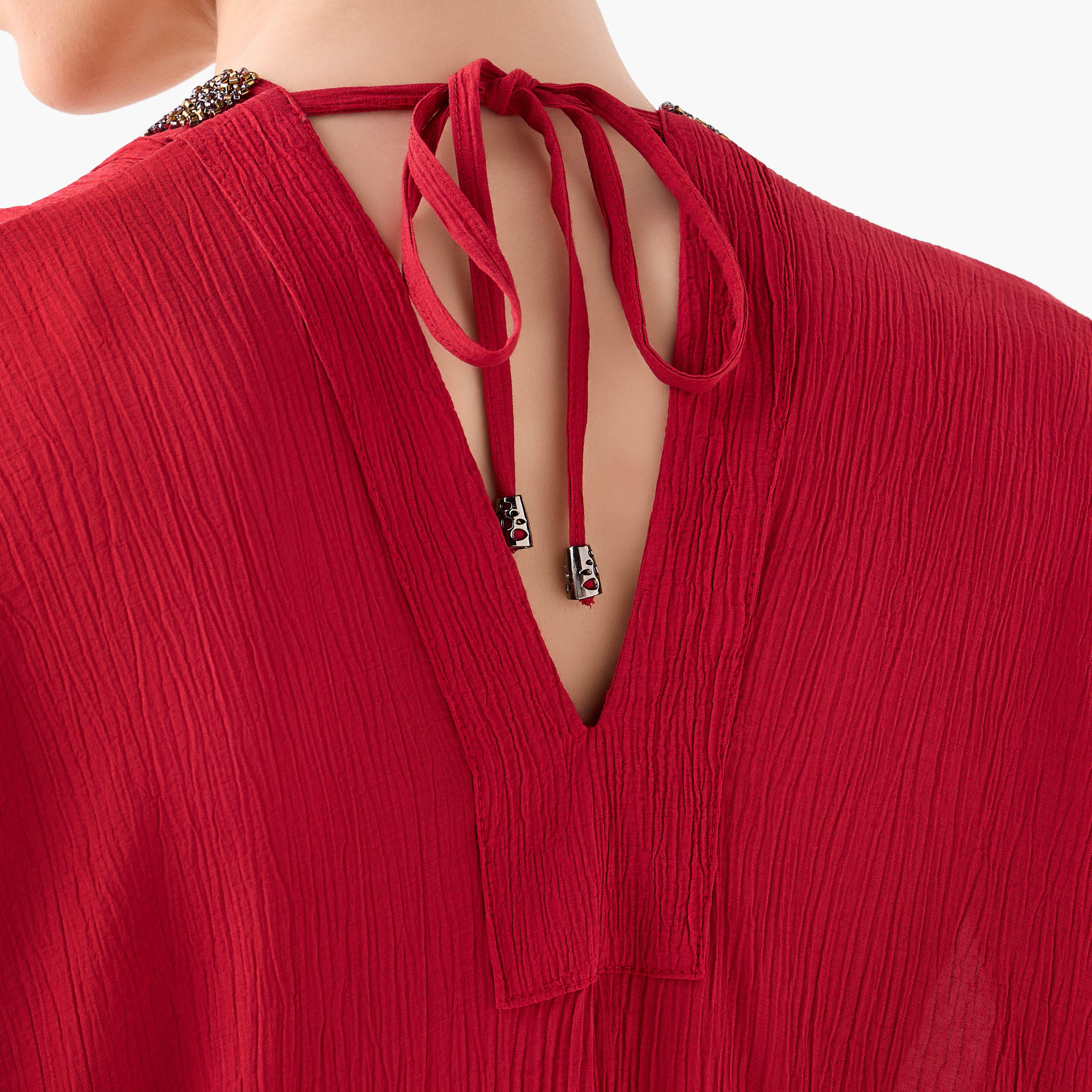 فستان قفطان ميدي مزين بالخرز بياقة V-women-clothing-dresses-image-8