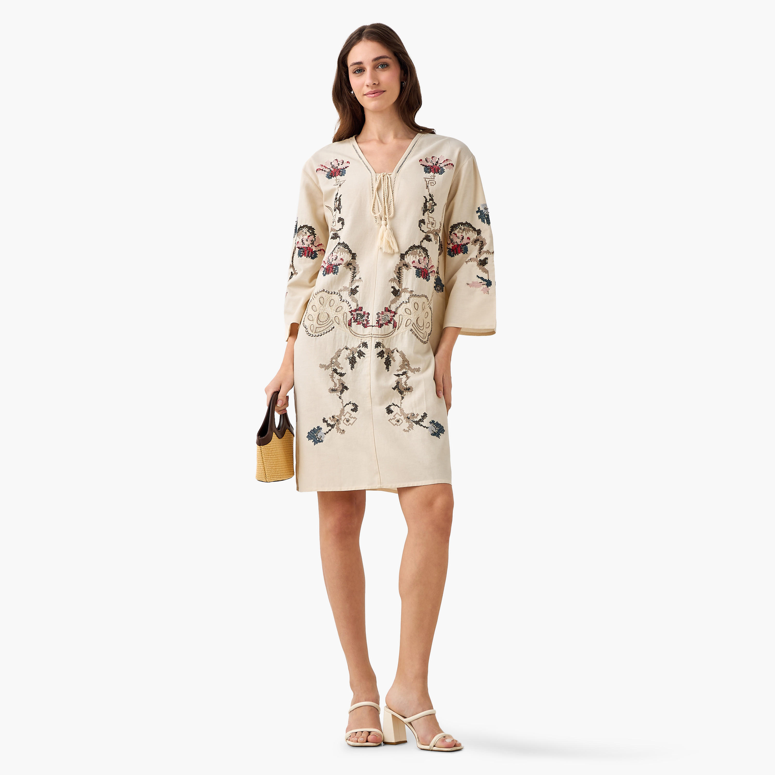 Embroidered Shift Women Dress with Tie-Ups-women-clothing-dresses-image-3