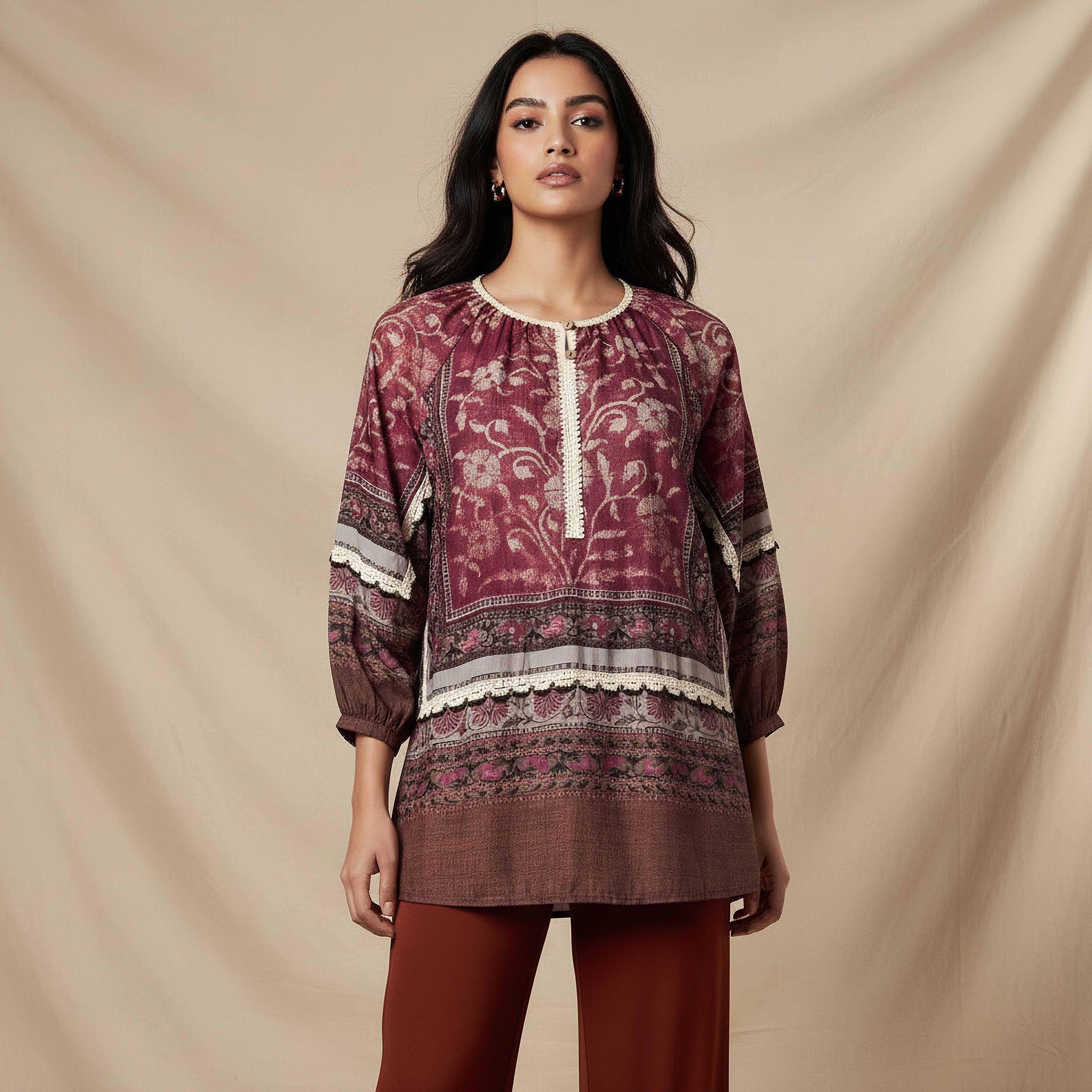 Top with 3/4 Puff Sleeves and Floral Print-women-clothing-shirtsandblouses-blouses-image-1