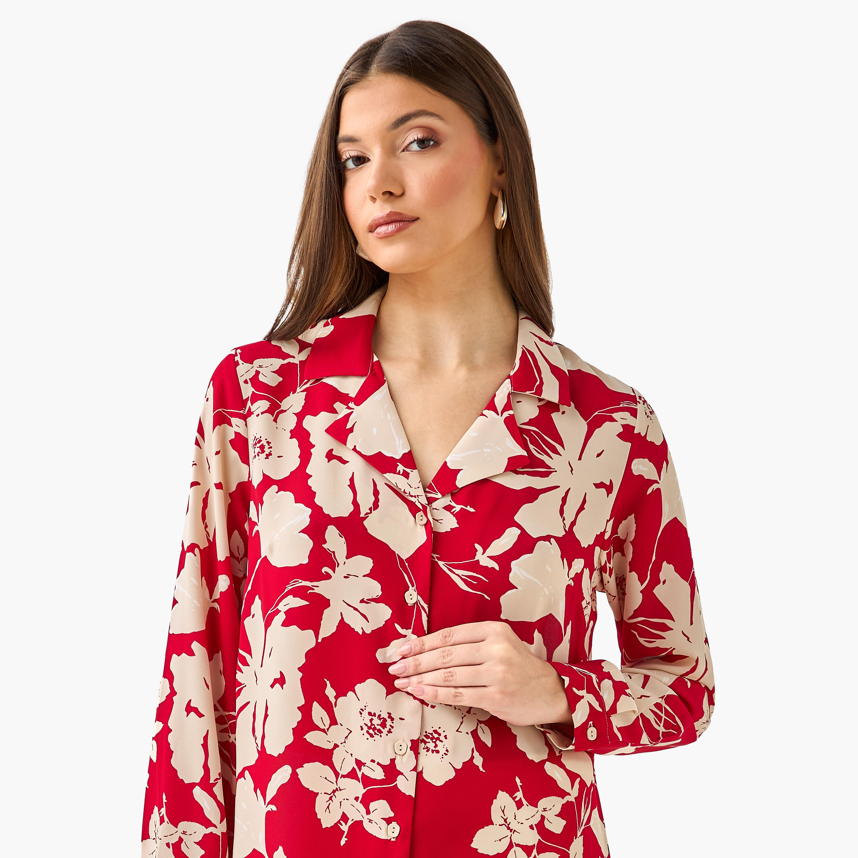 Floral Print Shirt with Notch Collar-women-clothing-shirtsandblouses-shirts-image-7