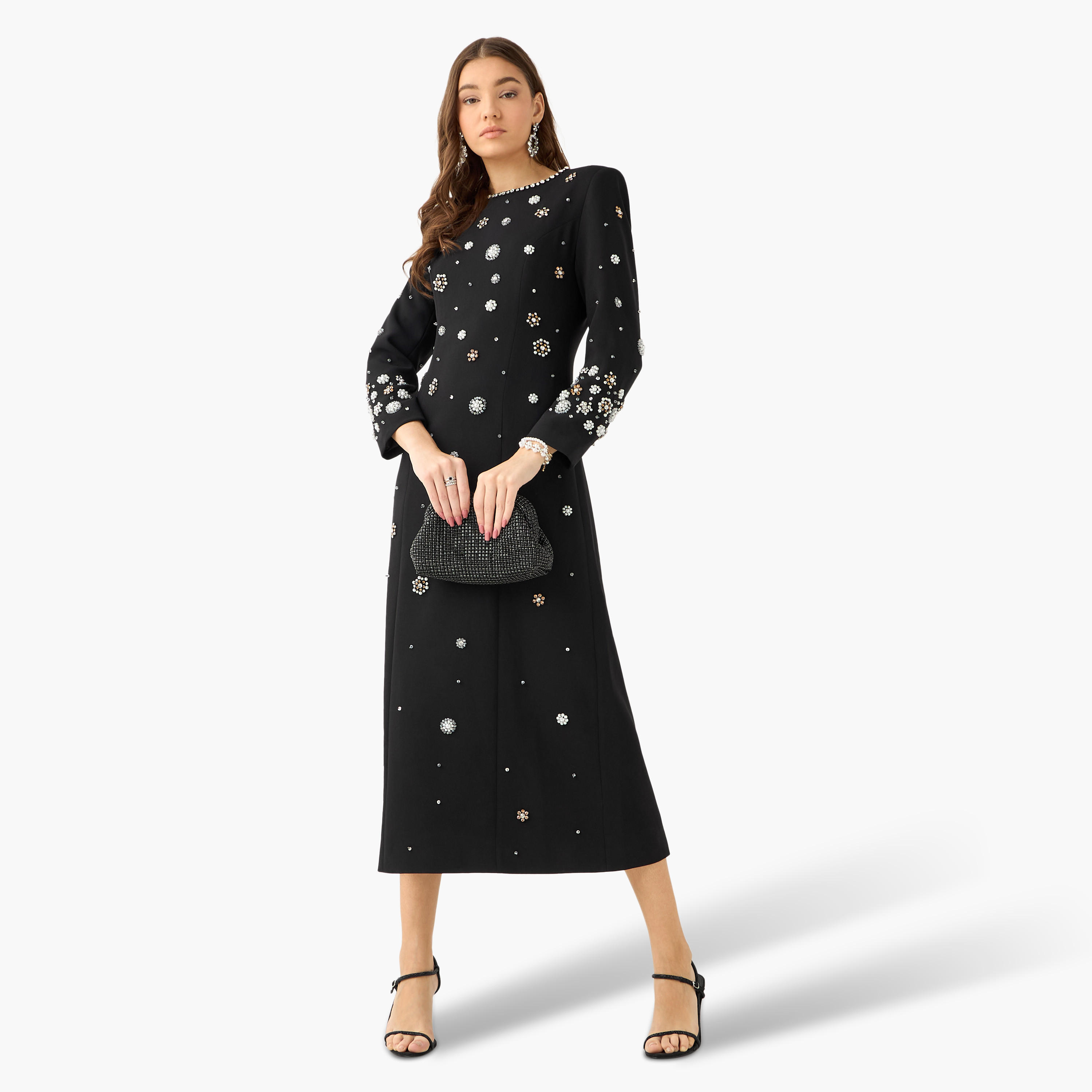 Floral Embellished Party Maxi Dress with Studded Neckline-women-clothing-dresses-image-3