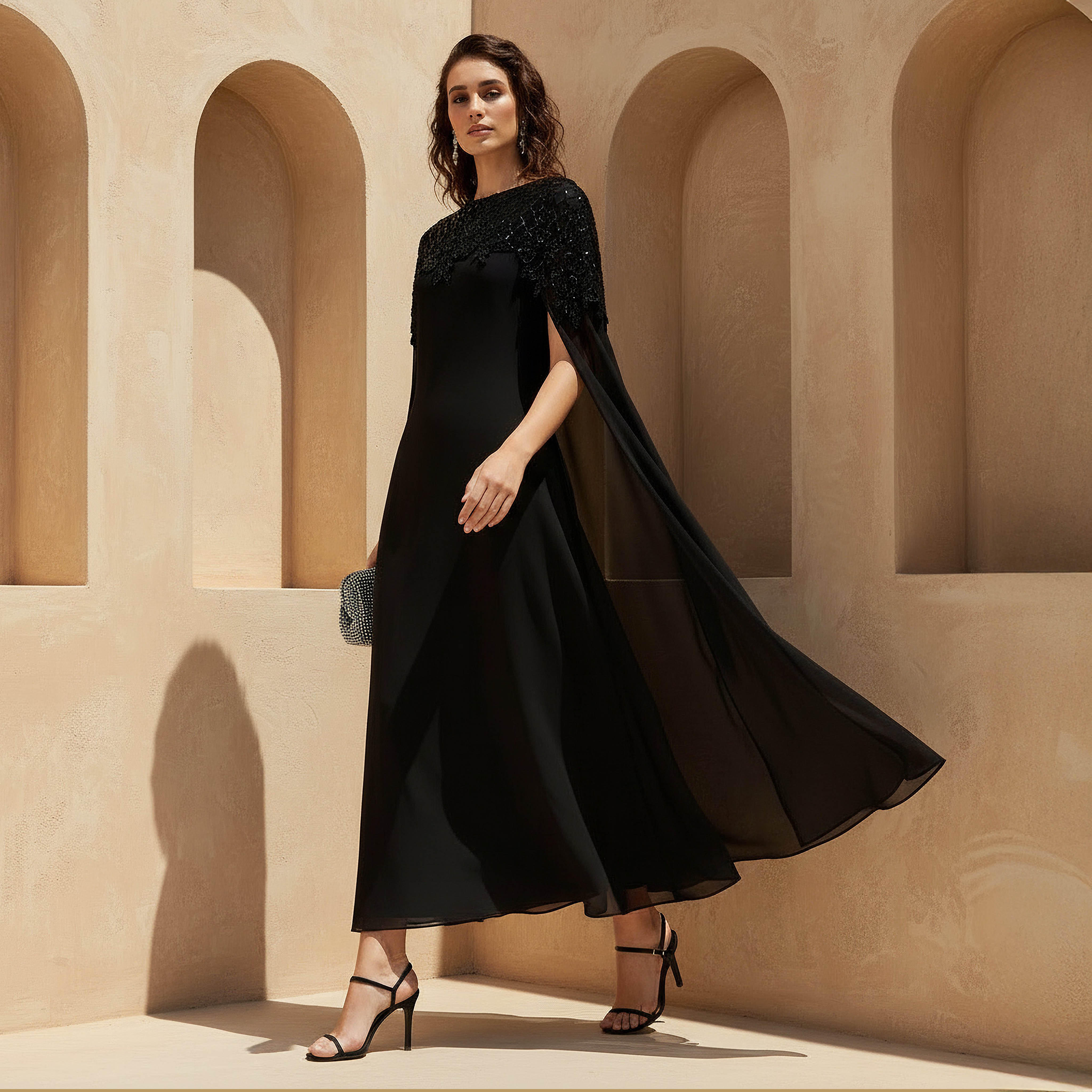 Cape Maxi Party Dress with Floral Sequin Embellishment-women-clothing-dresses-image-1